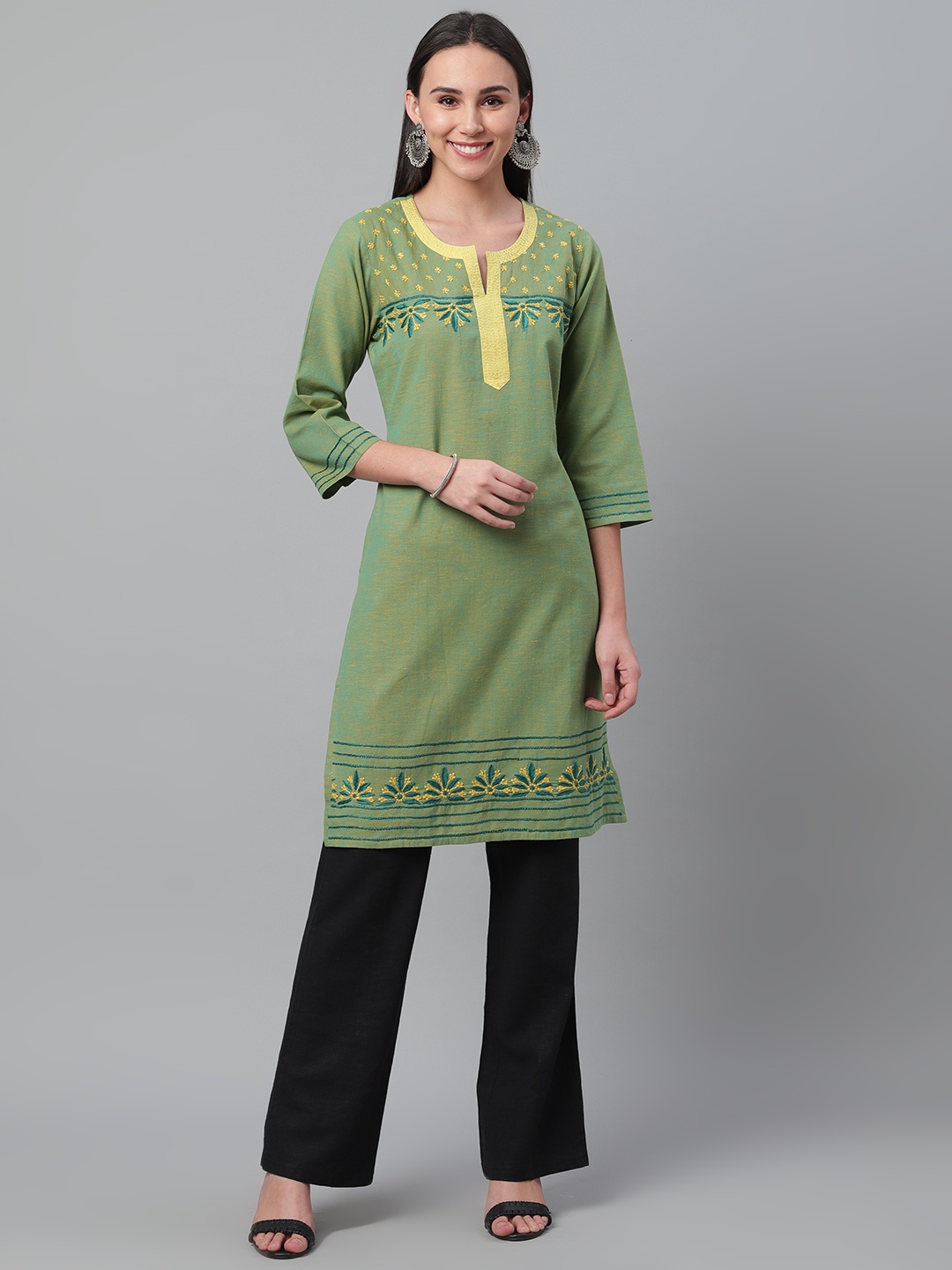 

akheri Women Green & Yellow Yoke Design Chikankari Embroidered Mangalgiri Straight Kurta