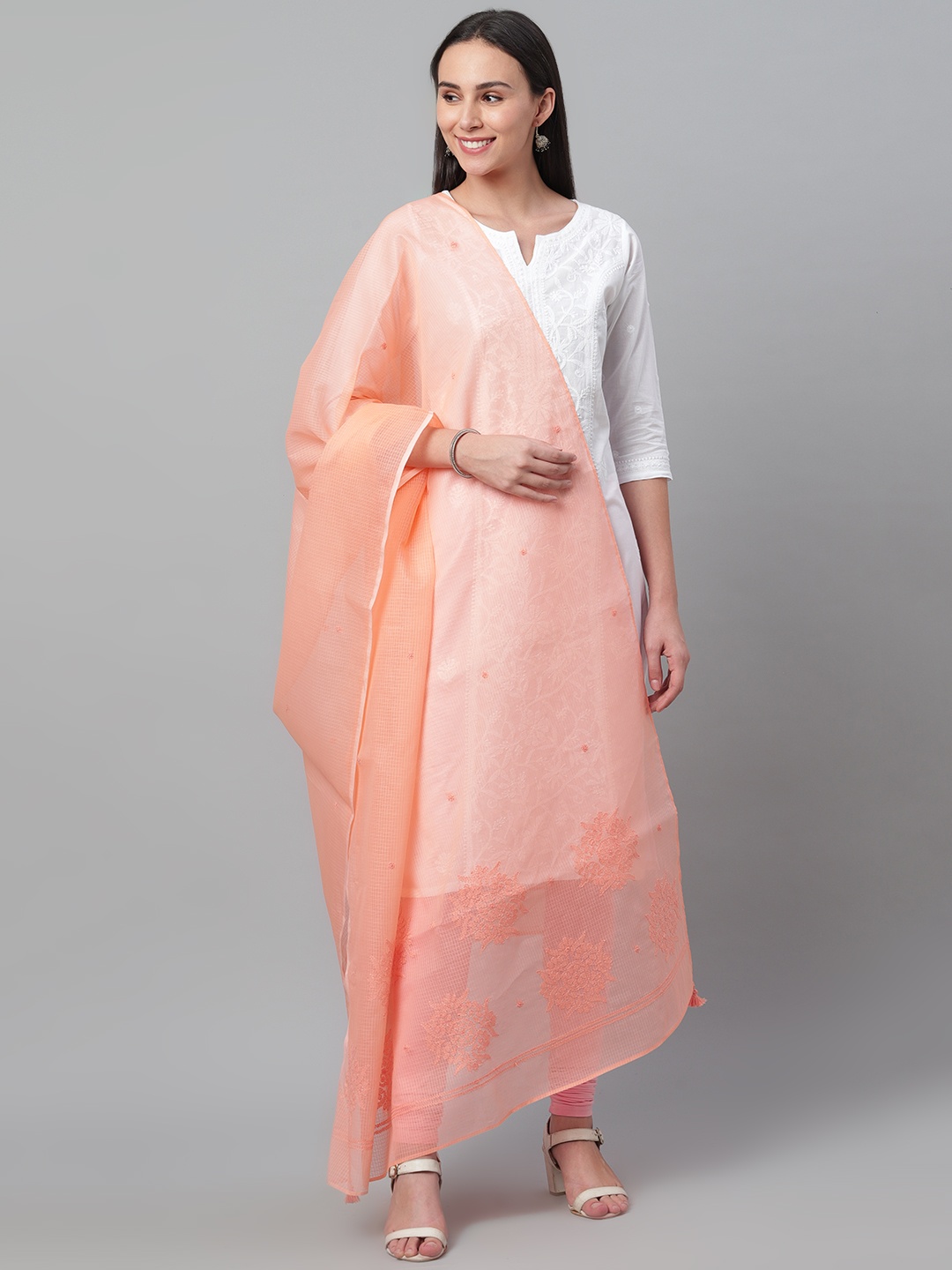 

akheri Peach-Coloured Chikankari Embroidered Cotton Dupatta
