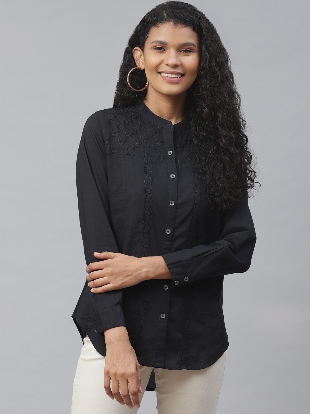 

akheri Women Black Chikankari Embroidered Detail Casual Shirt