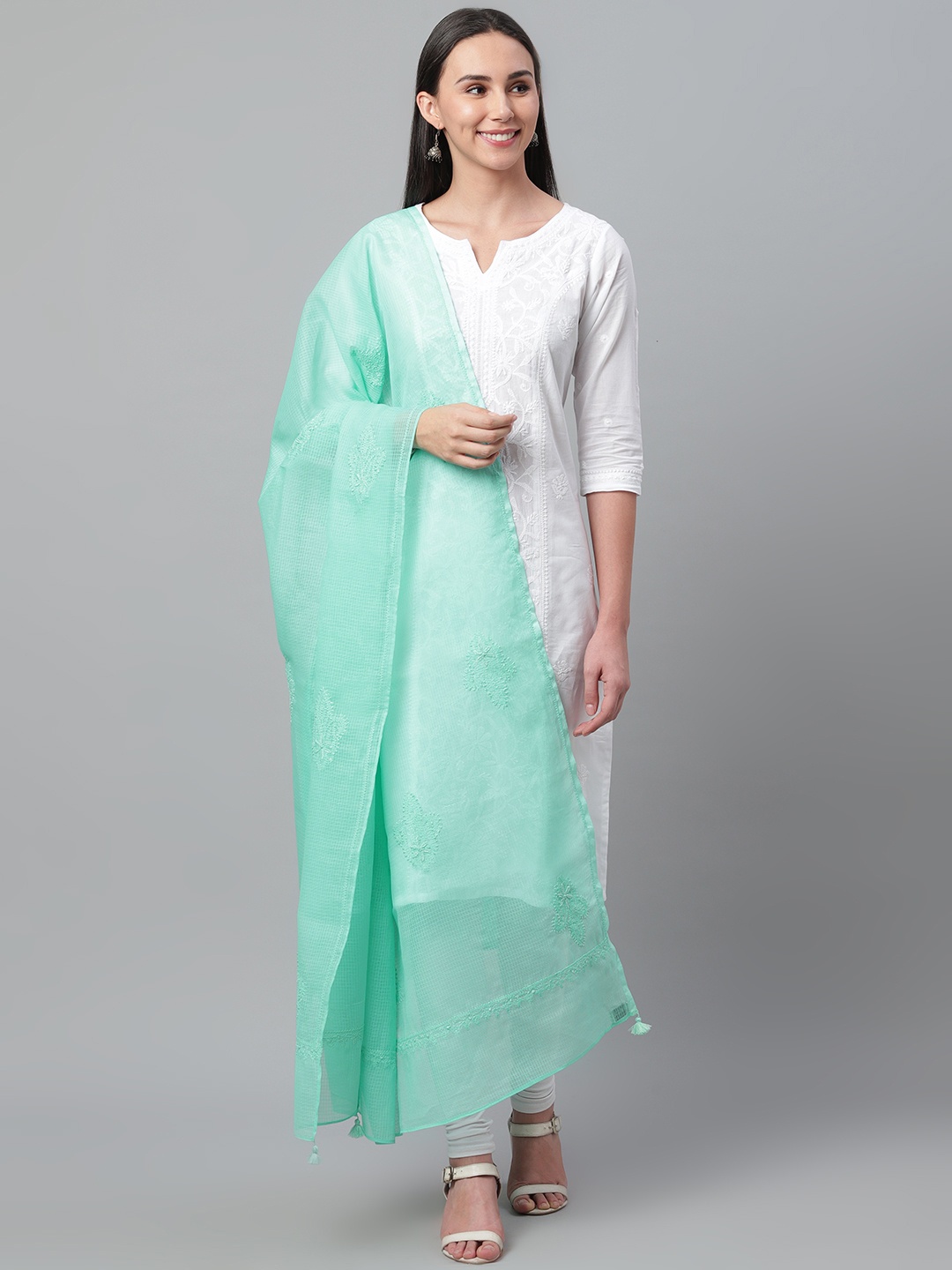 

akheri Blue Chikankari Embroidered Cotton Dupatta