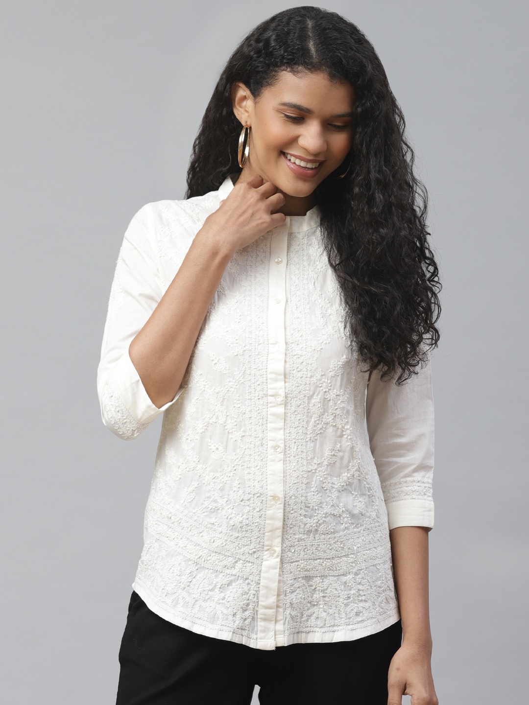 akheri Women Off-White Embroidered Casual Shirt
