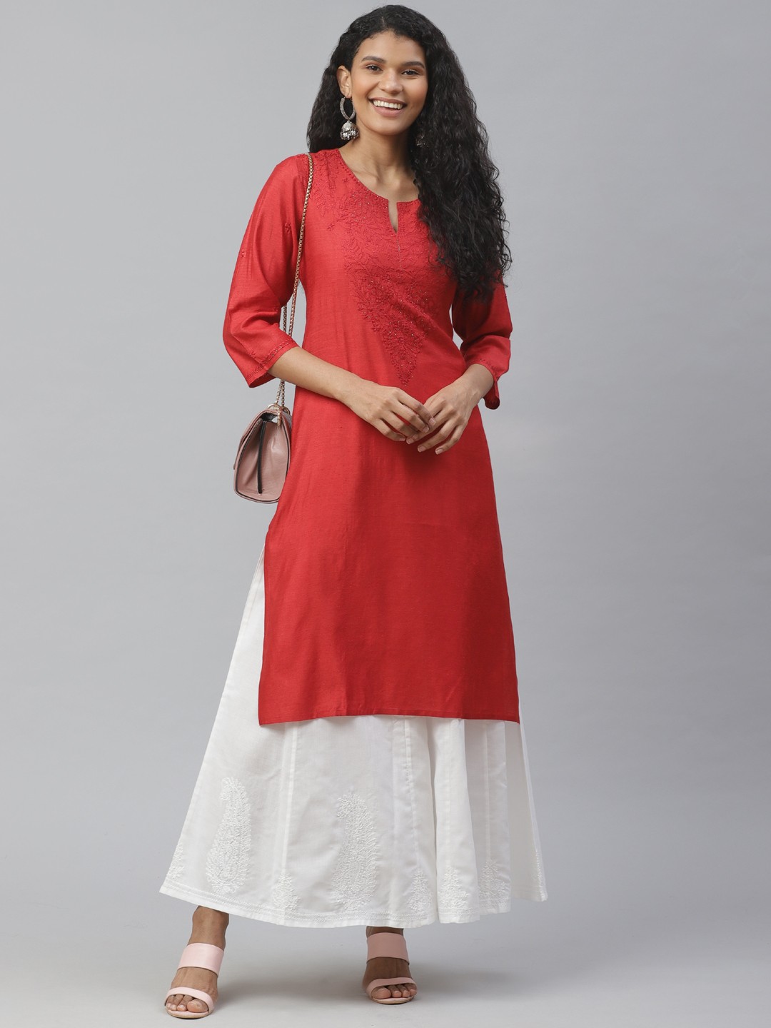

akheri Women Red Silk Chikankari Yoke Design Straight Kurta