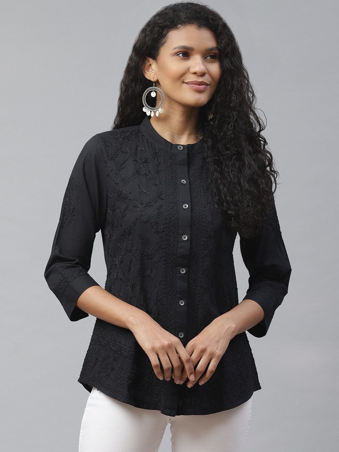 

akheri Women Black Embroidered Casual Shirt