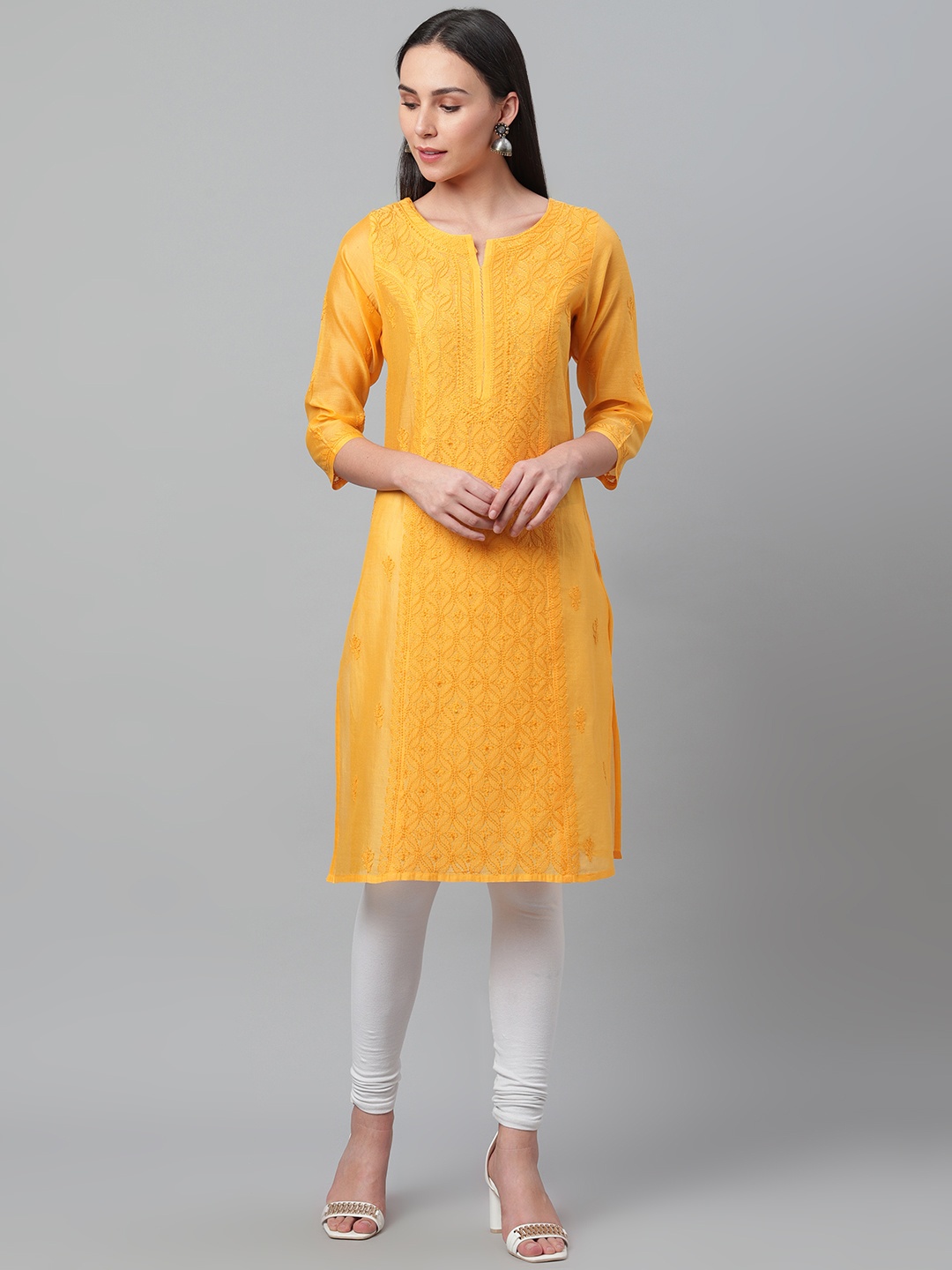 

akheri Women Yellow Chikankari Embroidered Semi-Sheer Chanderi Straight Kurta