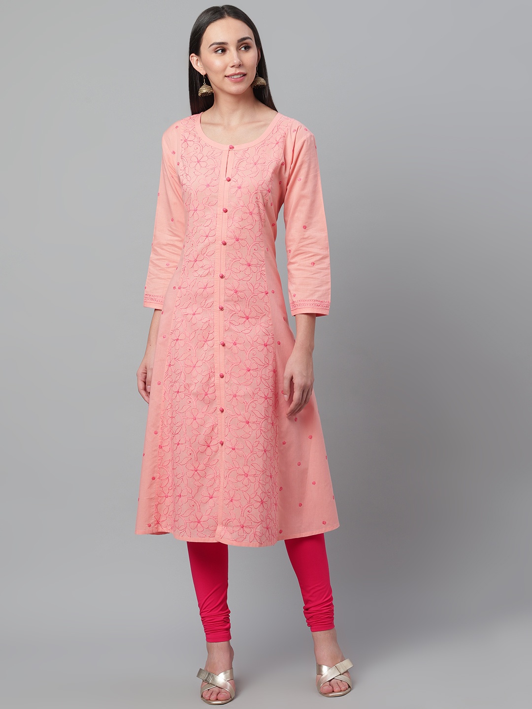 

akheri Women Peach-Coloured & Pink Chikankari Floral Embroidered Straight Kurta