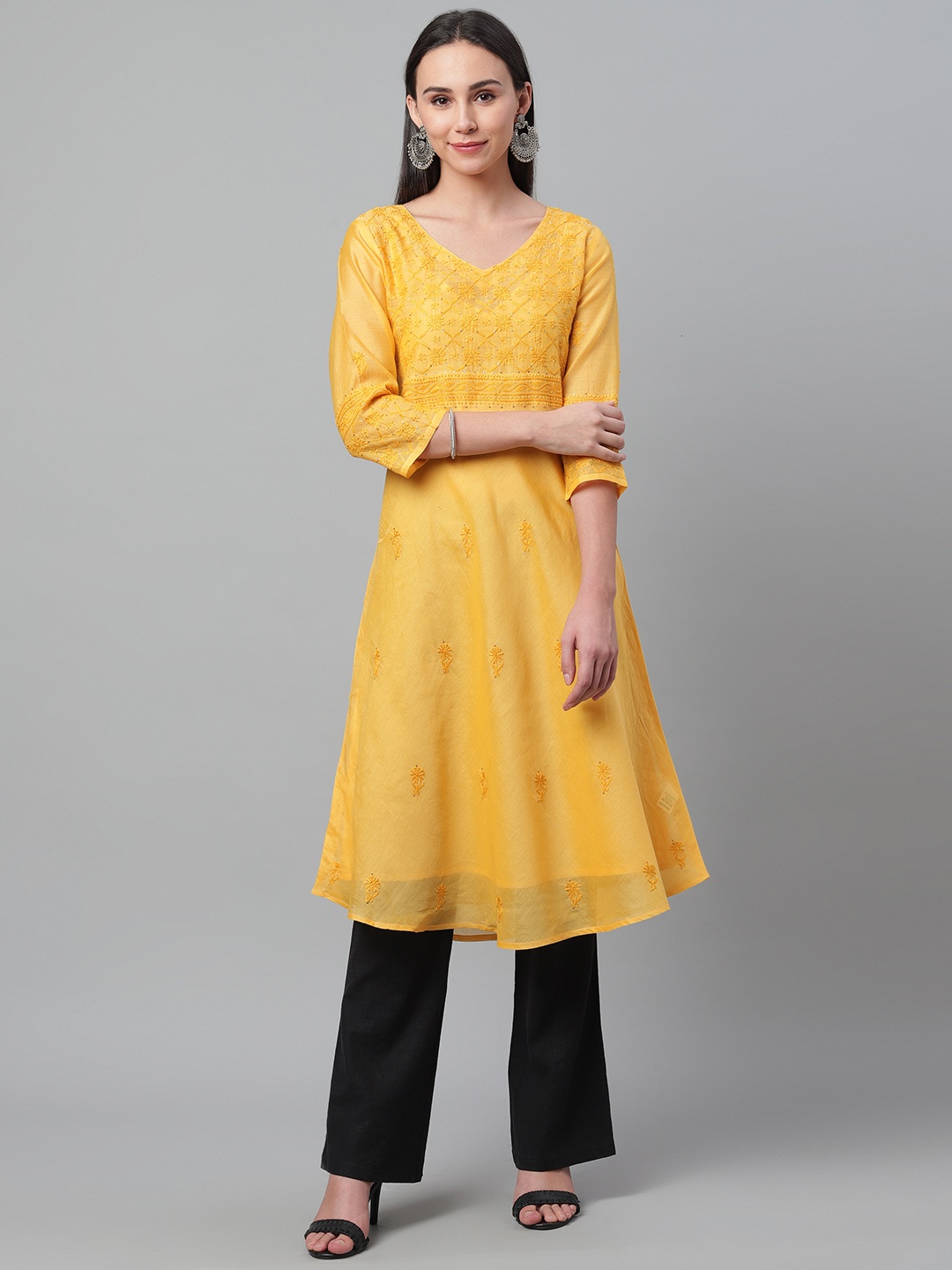 

akheri Women Yellow Chikankari Embroidered A-Line Kurta