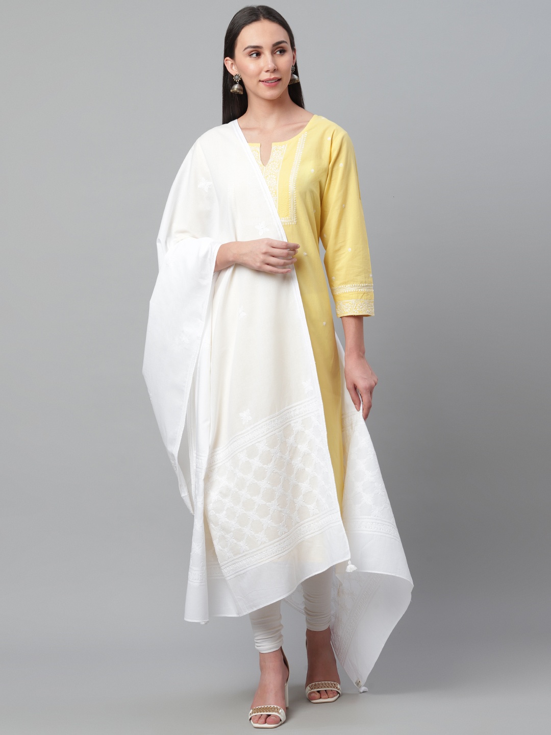 

akheri White Chikankari Embroidered Cotton Dupatta