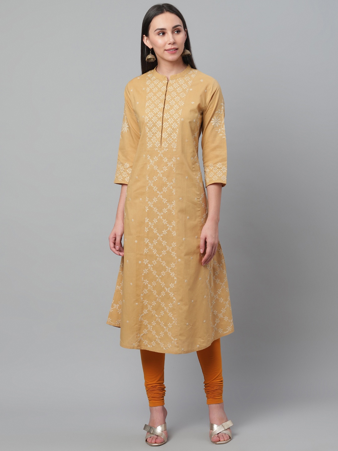 

akheri Women Beige Chikankari Embroidered A-Line Kurta