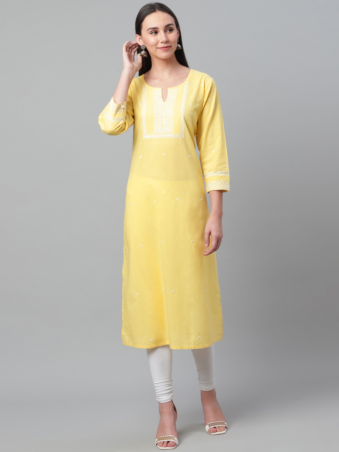

akheri Women Yellow & White Chikankari Embroidered Straight Kurta