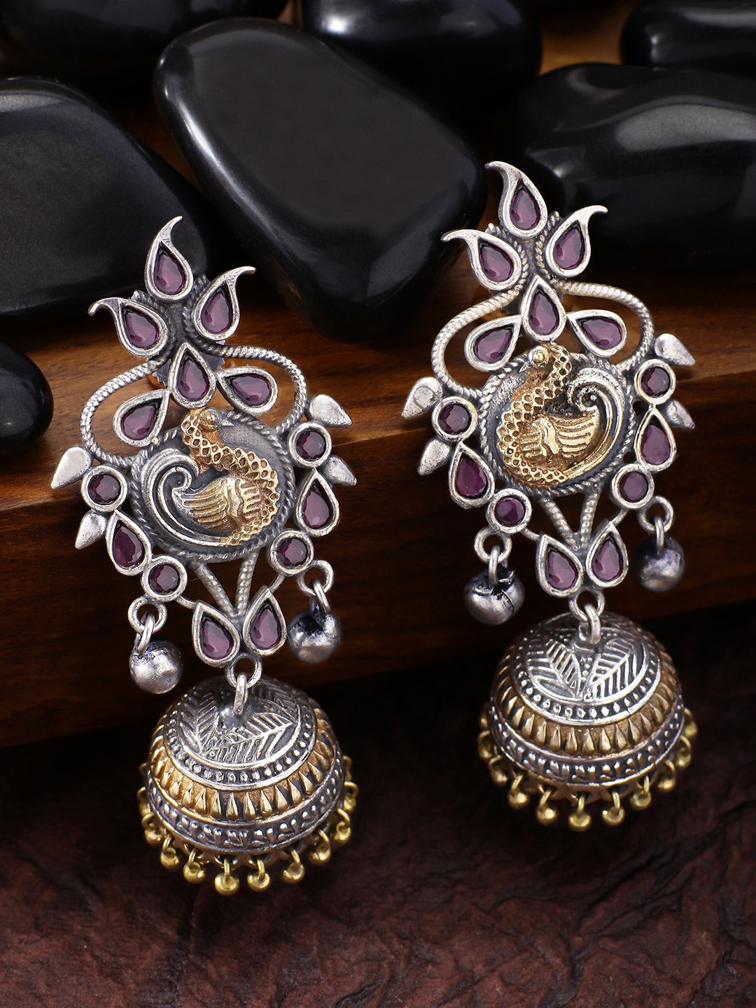 

Peora Silver-Plated & Gold-Toned Oxidised Antique Dome Shaped Jhumkas