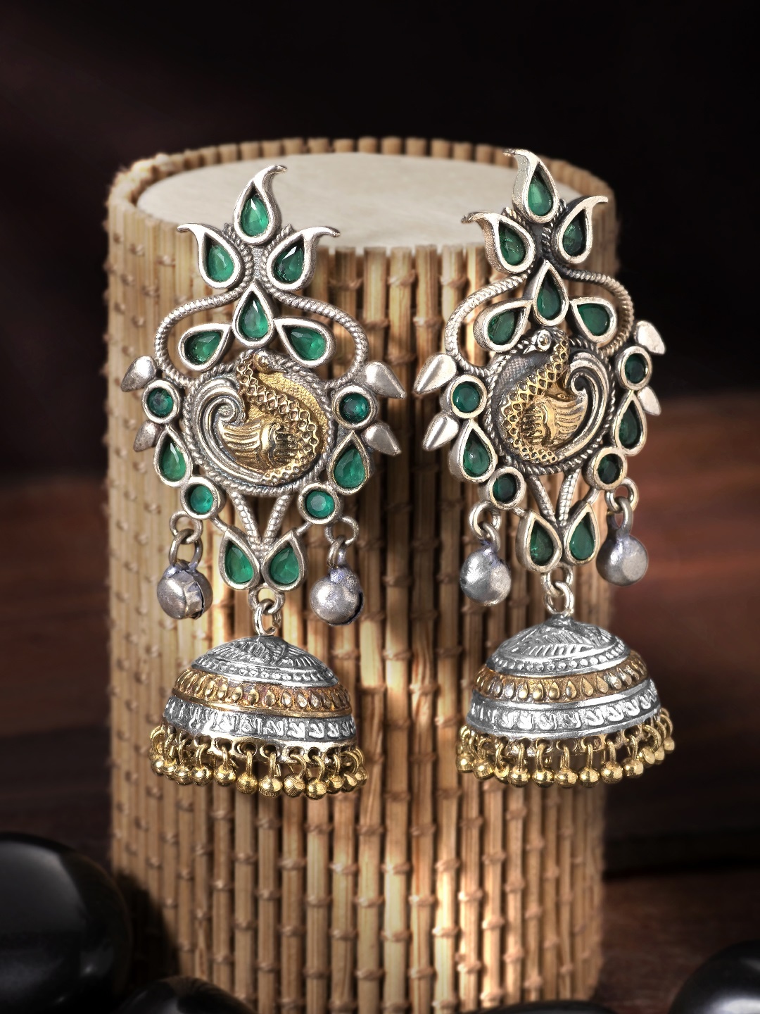 

Peora Oxidized Green & Gold-Toned Silver-Plated Dome Shaped Jhumkas