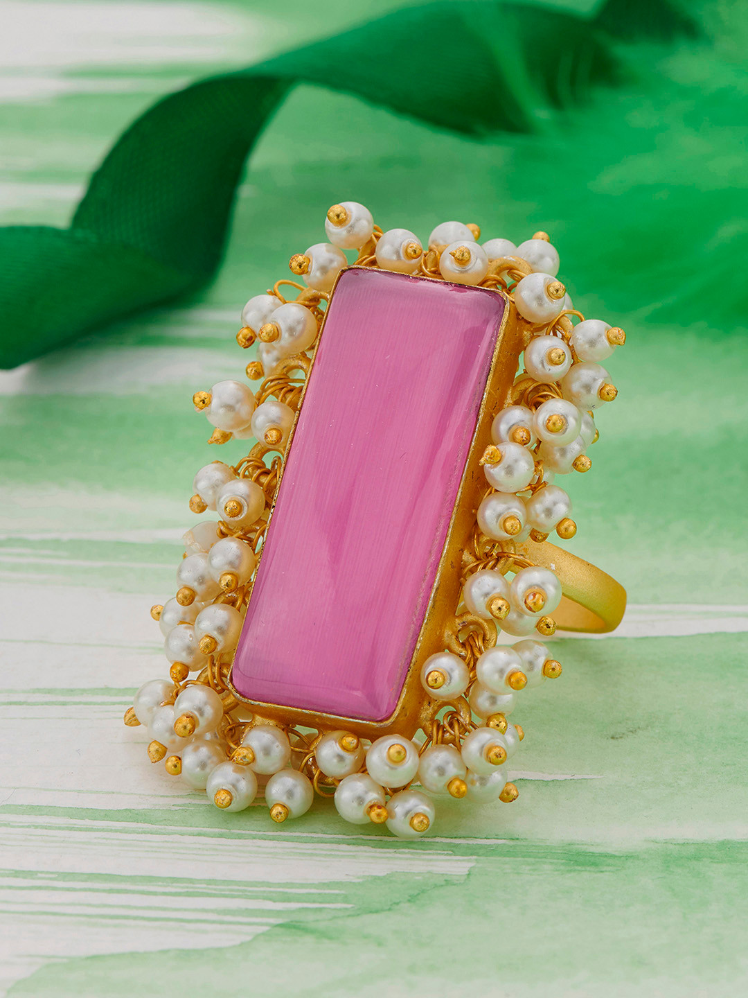 

Peora Gold-Plated & Pink Pearl Studded Adjustable Finger Ring