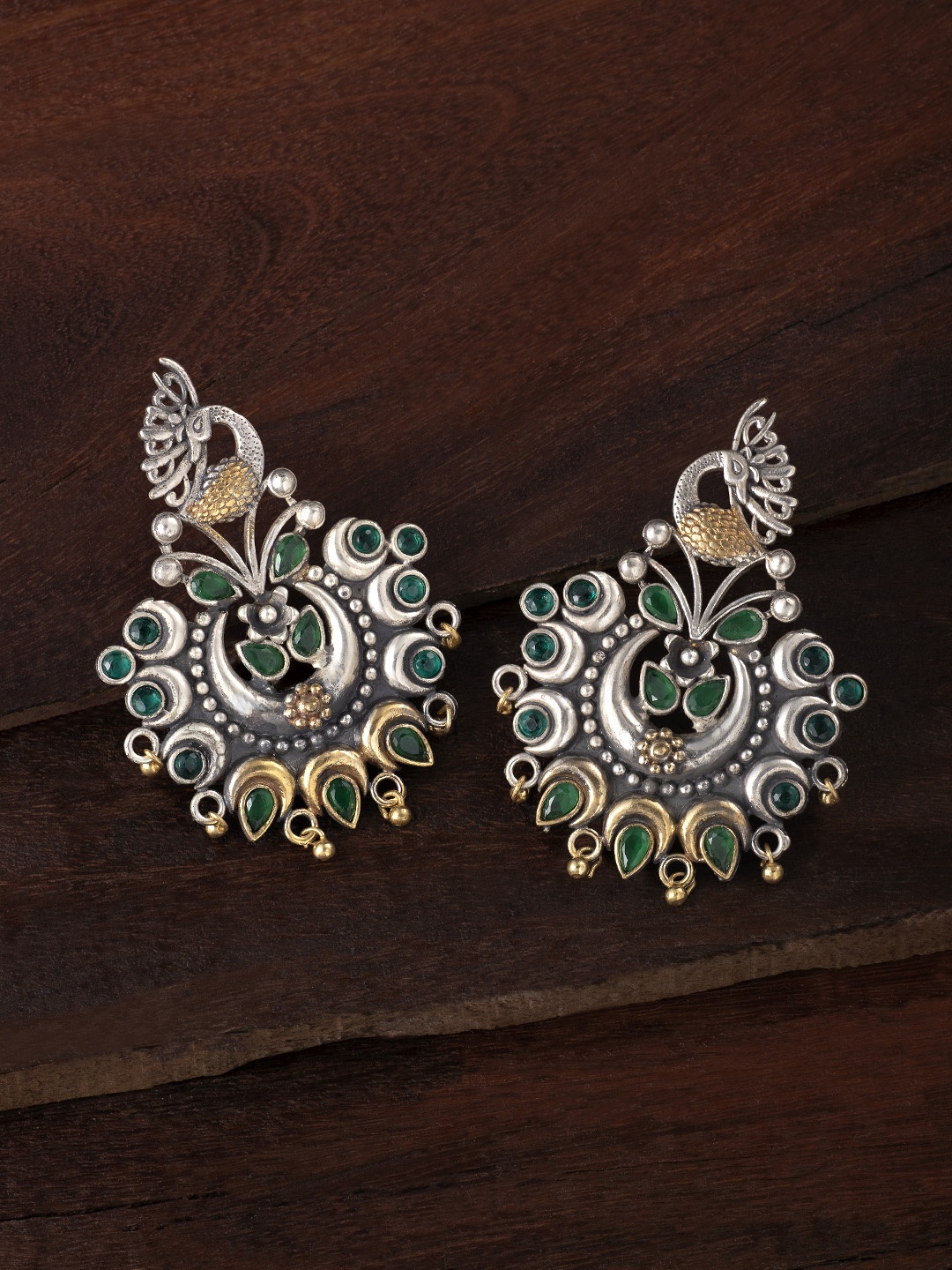 

Peora Green & Silver-Plated Stone Studded Chandbalis