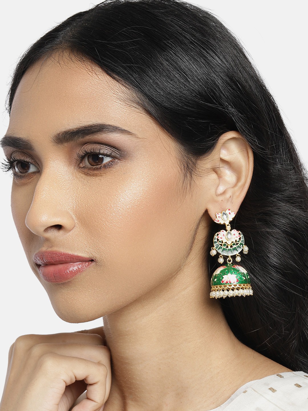 

Peora Gold-Plated & Green Meenakari Handcrafted Dome Shaped Jhumkas