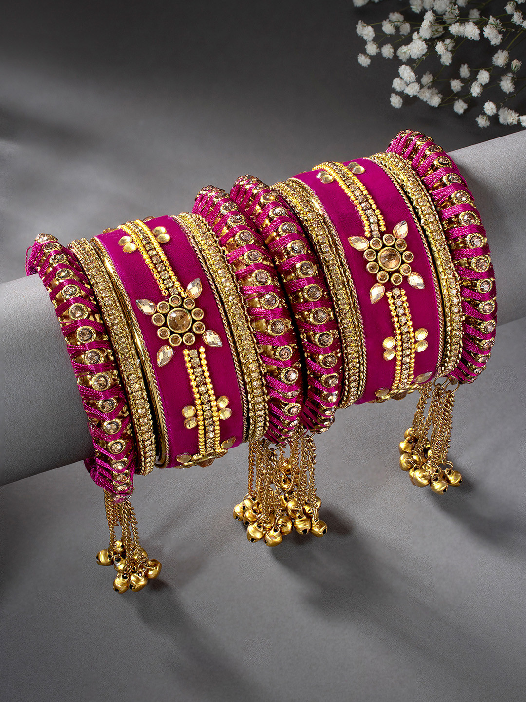 

Peora Gold-Plated & Pink Set Of 10 Velvet Matching Floral Kundan Studded Chura Bangle Set