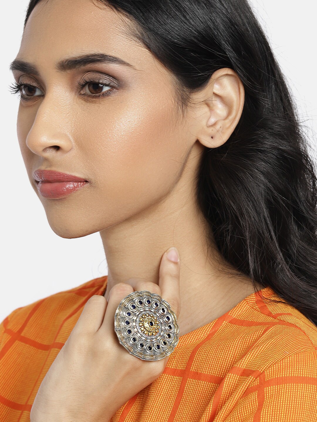 Peora Oxidised Blue & Gold-Toned Silver-Plated Afghan Floral Adjustable Finger Ring