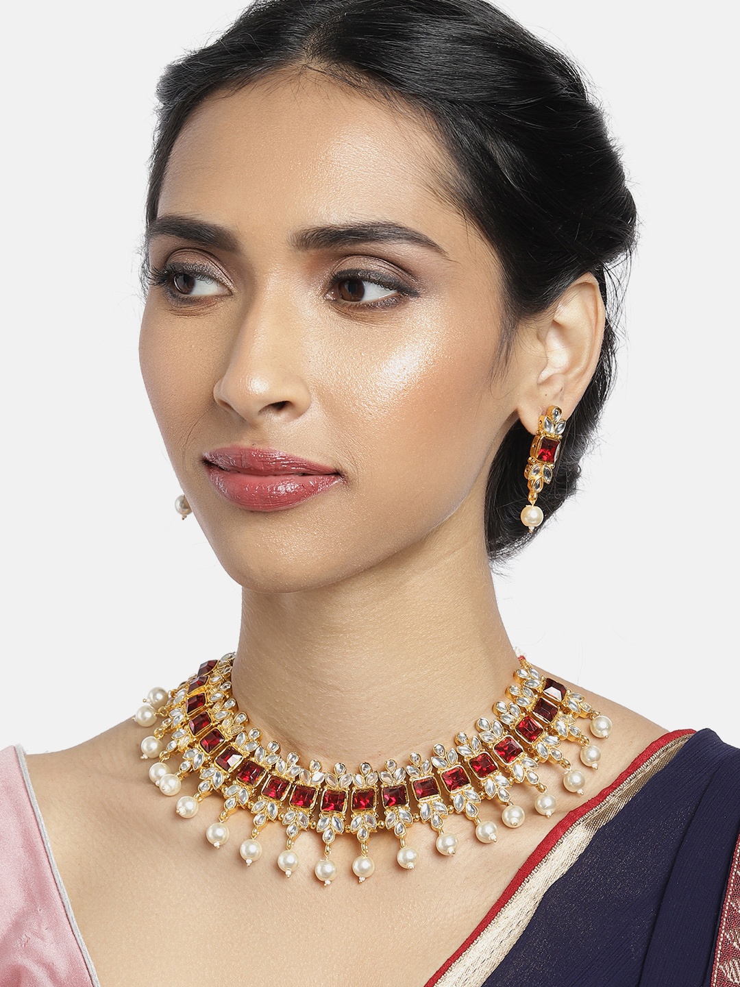 

Peora Gold-Plated & Maroon Choker Necklace with Earrings Jewellery Set