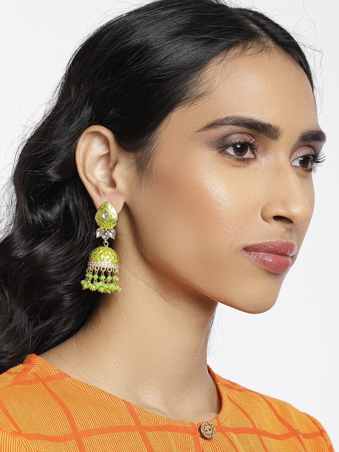 

Peora Green & Gold-Plated Enamelled Dome Shaped Jhumkas