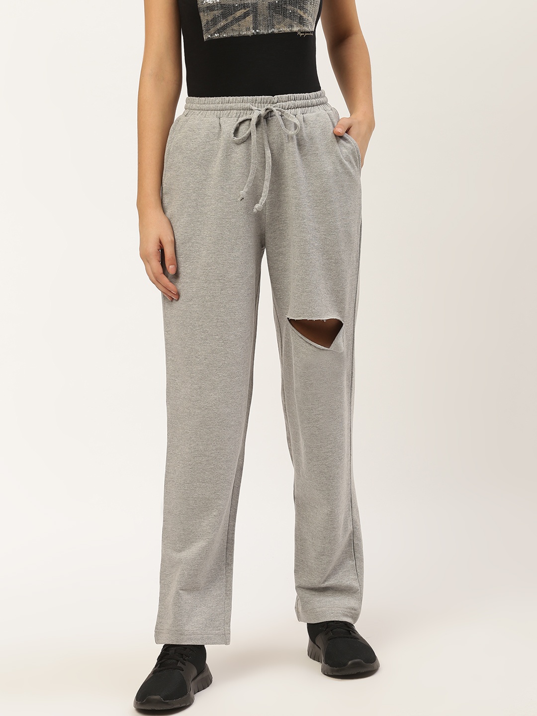 

Besiva Women Grey Melange Solid Straight Fit Ripped Track Pants
