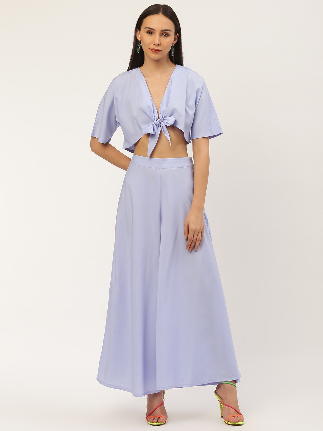 

Besiva Women Blue Solid Crop Top with Flared Palazzos