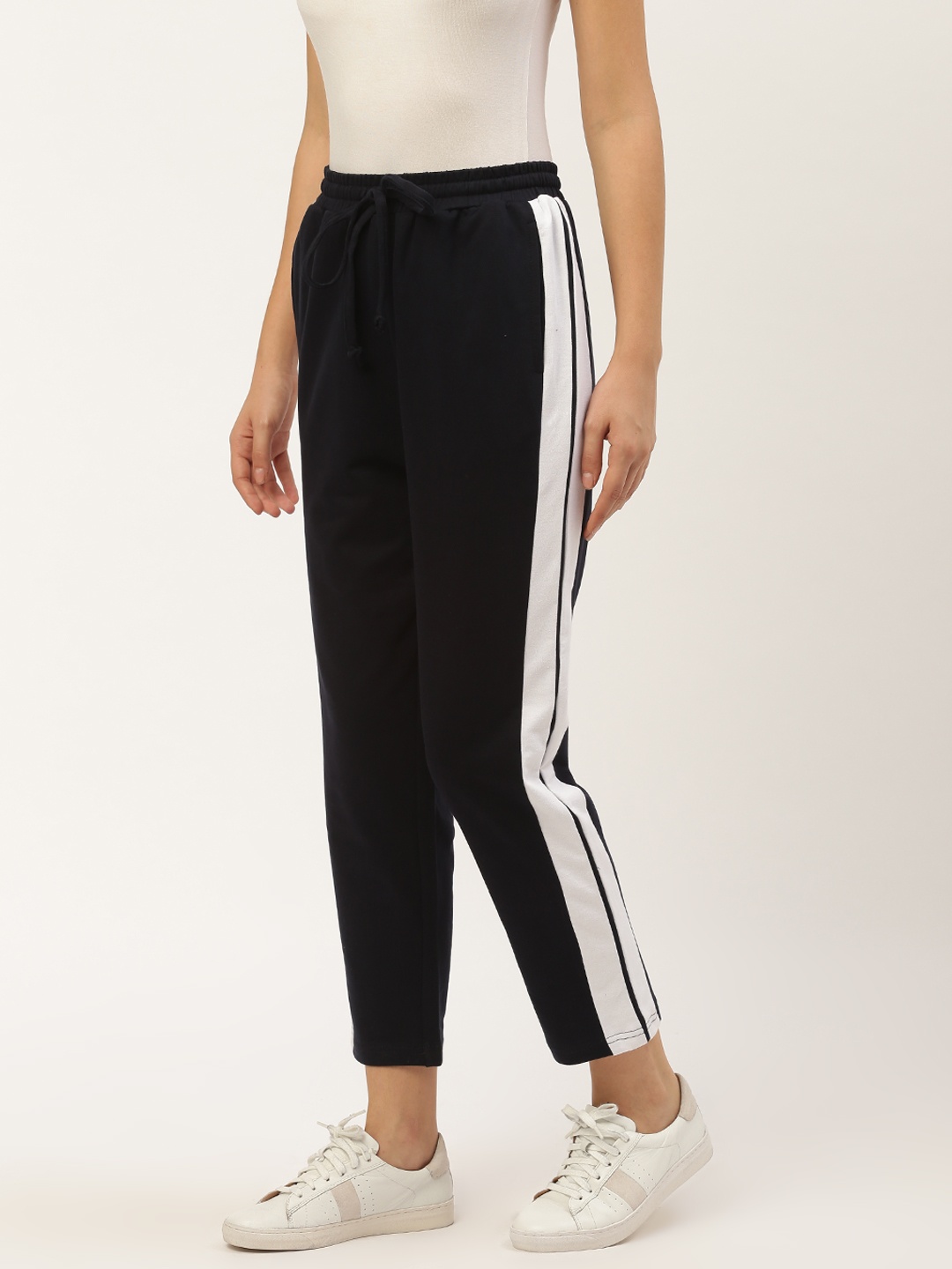 

Besiva Women Navy Blue & White Solid Straight Fit Track Pants with Side Stripe Detail