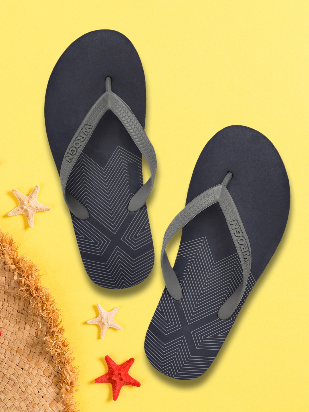 

WROGN Men Grey & Navy Blue Brand Logo Print Thong Flip-Flops