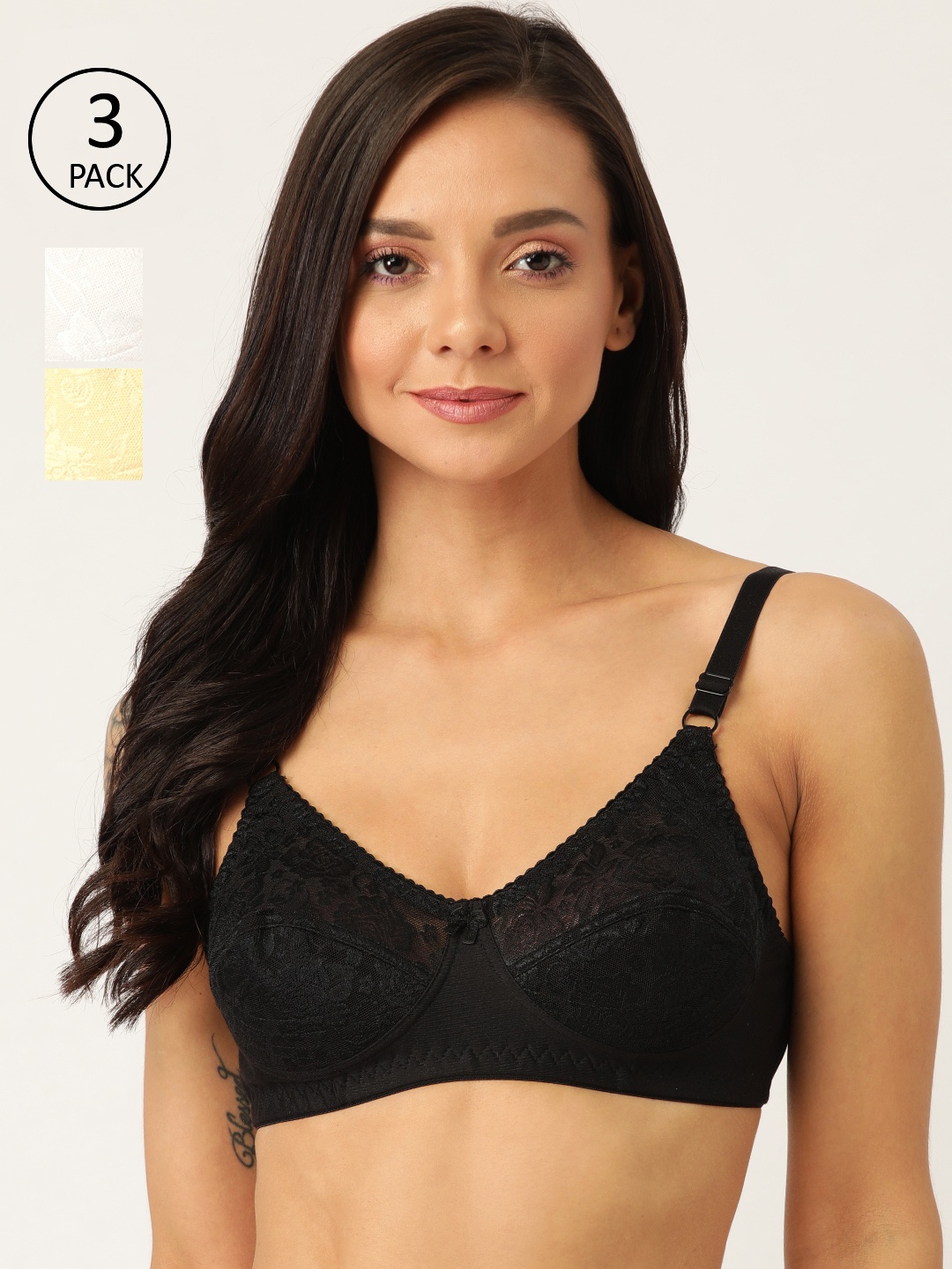 

Leading Lady Pack of 3 Lace Non-Wired Non Padded Everyday Bras NANCY-WSB, Black