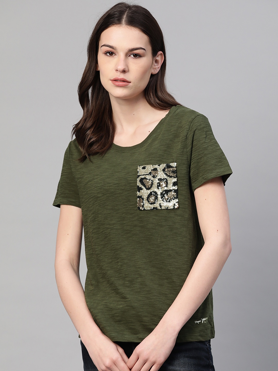 

Pepe Jeans Women Olive Green Pure Cotton Solid Round Neck T-shirt