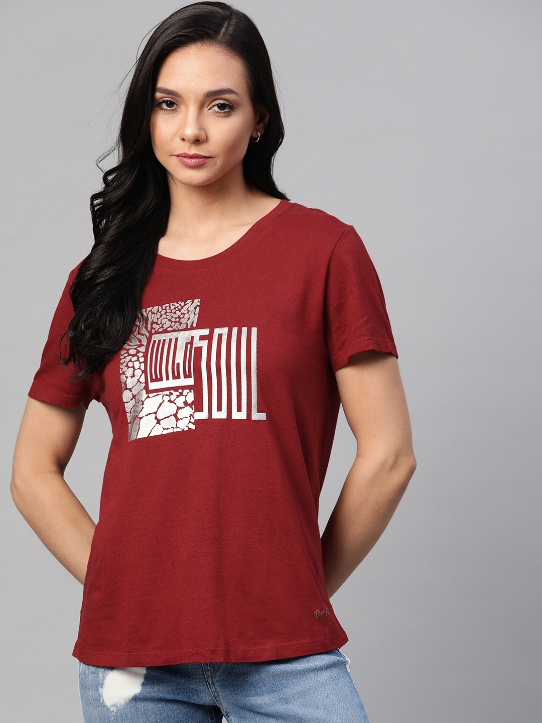 

Pepe Jeans Women Red Typography Printed Round Neck T-shirt