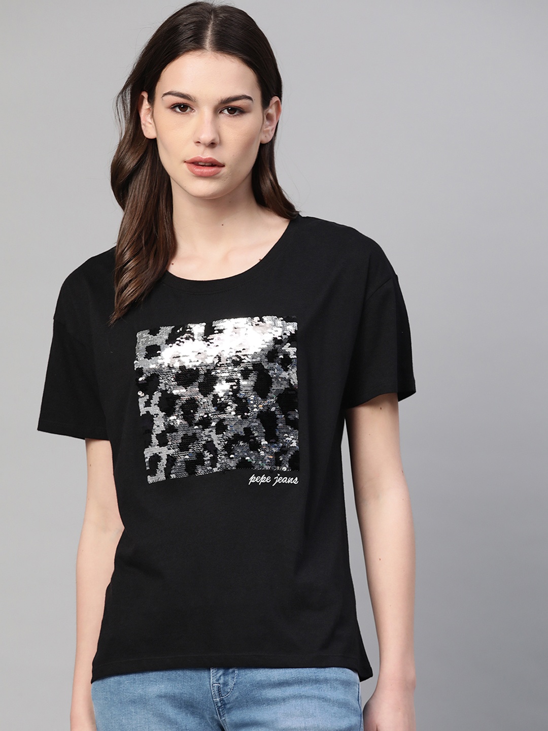 

Pepe Jeans Women Black & Silver Flip Sequinned Round Neck T-shirt
