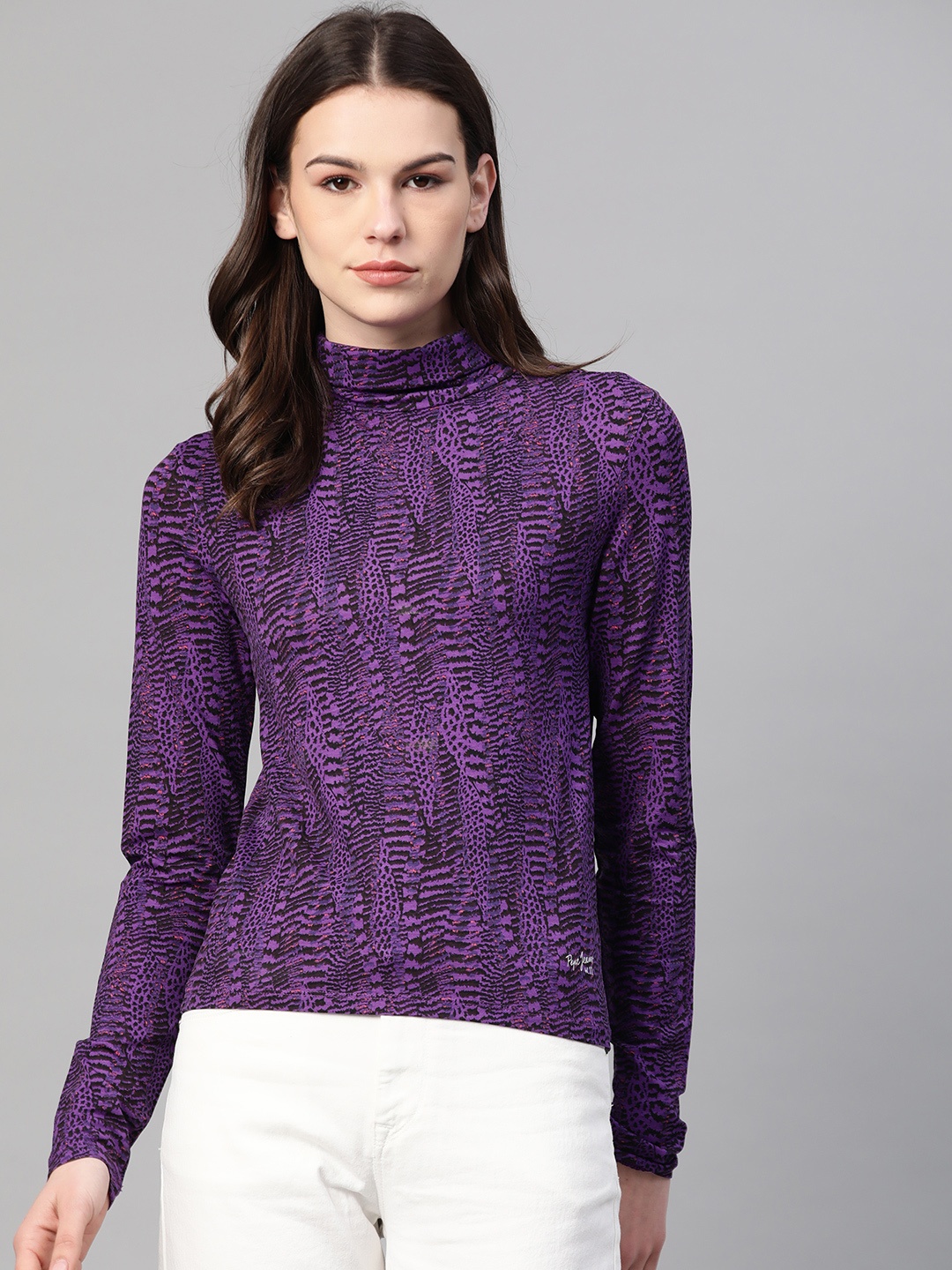 

Pepe Jeans Women Purple & Black Animal Printed Turtle Neck T-shirt