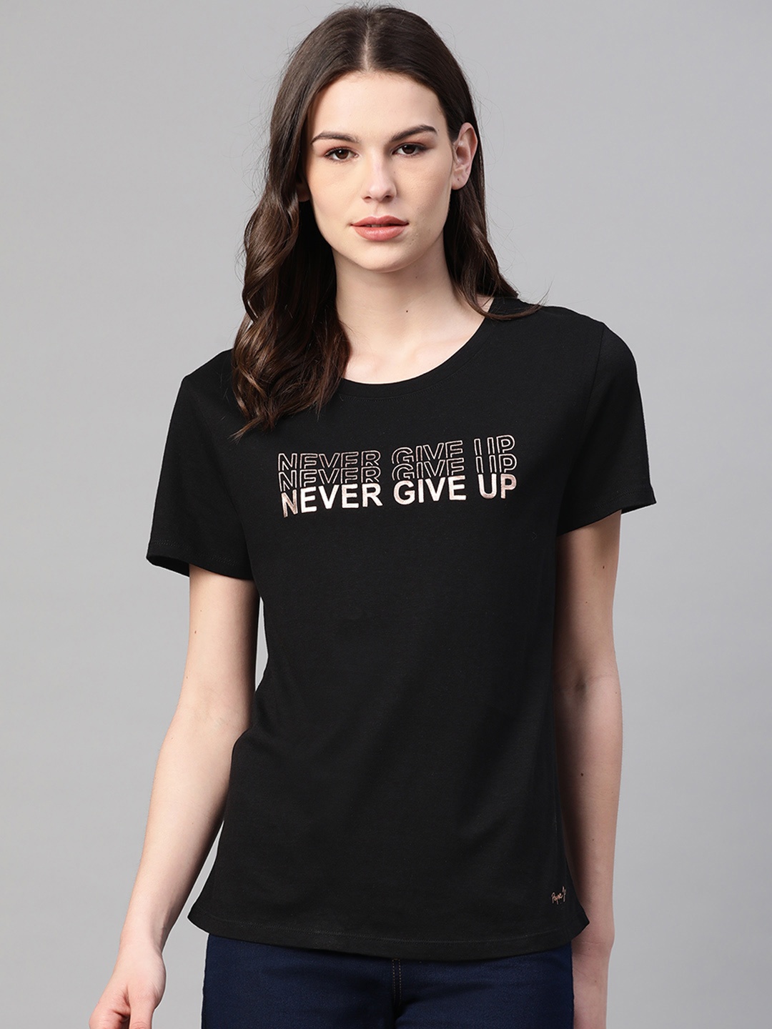 

Pepe Jeans Women Black & Golden Printed Round Neck T-shirt