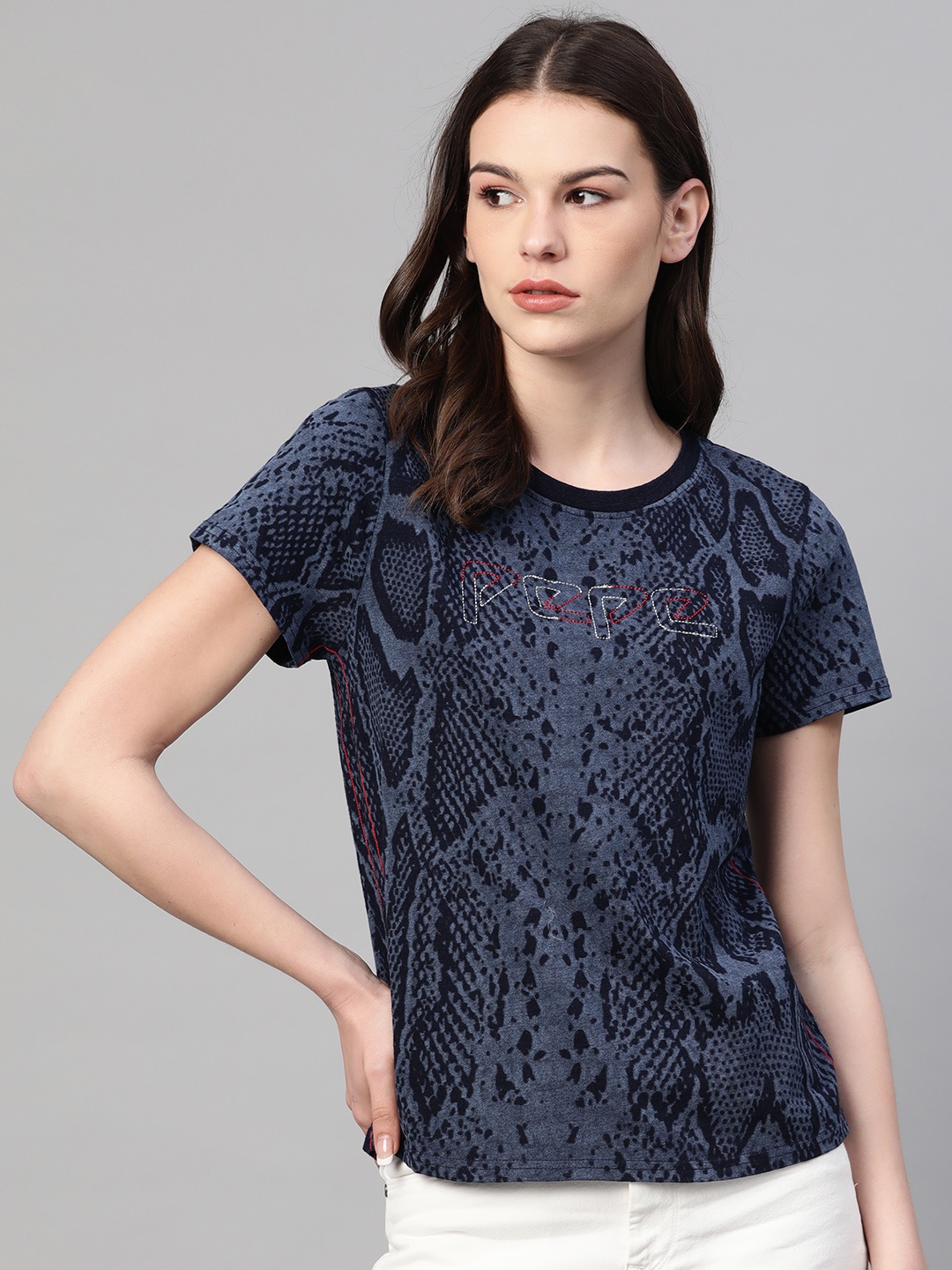 

Pepe Jeans Women Navy Blue Printed Round Neck Pure Cotton T-shirt