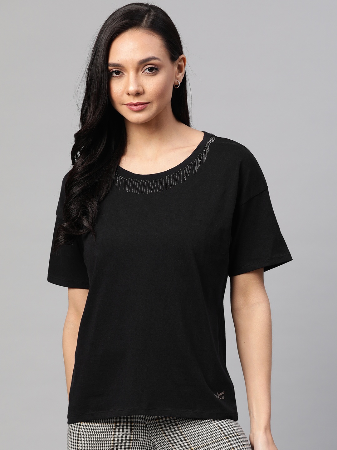 

Pepe Jeans Women Black Solid Pure Cotton Top With Embellished Detail