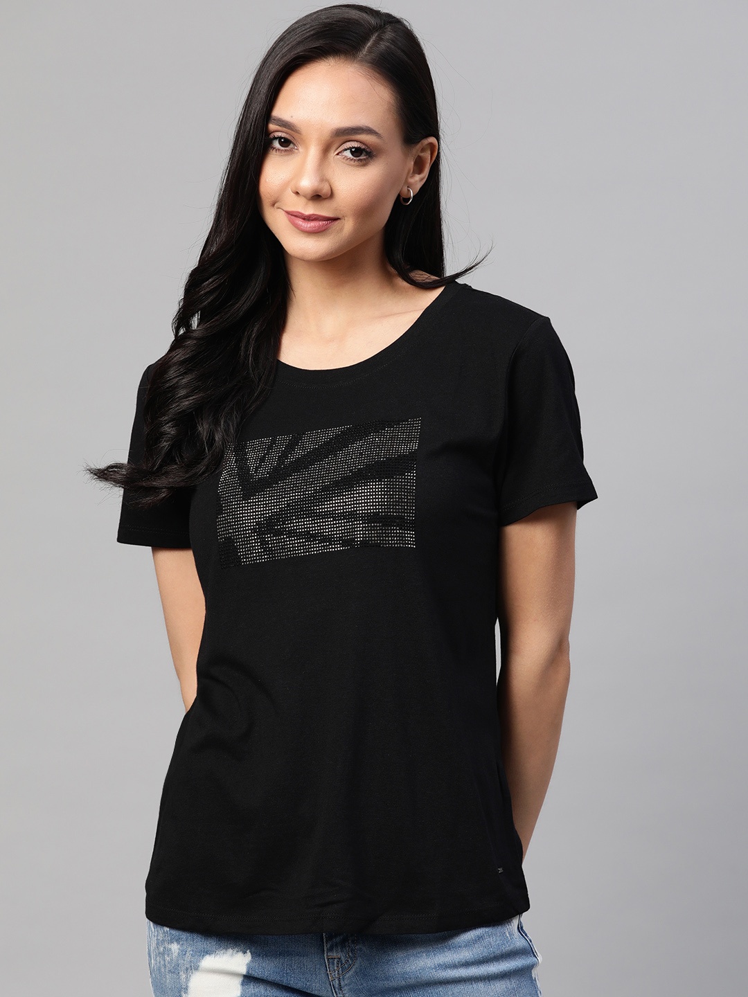 

Pepe Jeans Women Black Embellished Round Neck T-shirt