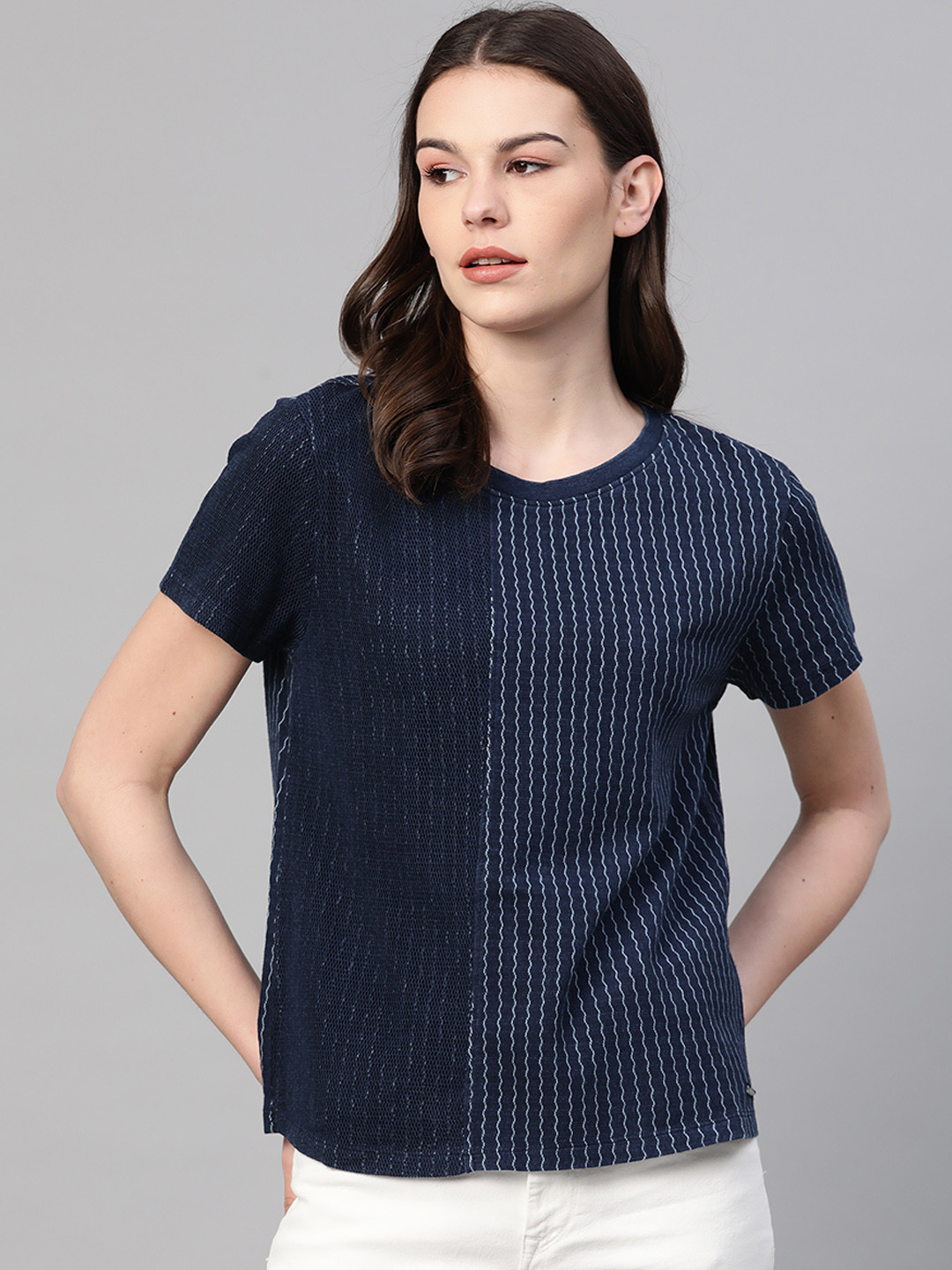 

Pepe Jeans Women Navy Blue Striped Pure Cotton Round Neck T-shirt