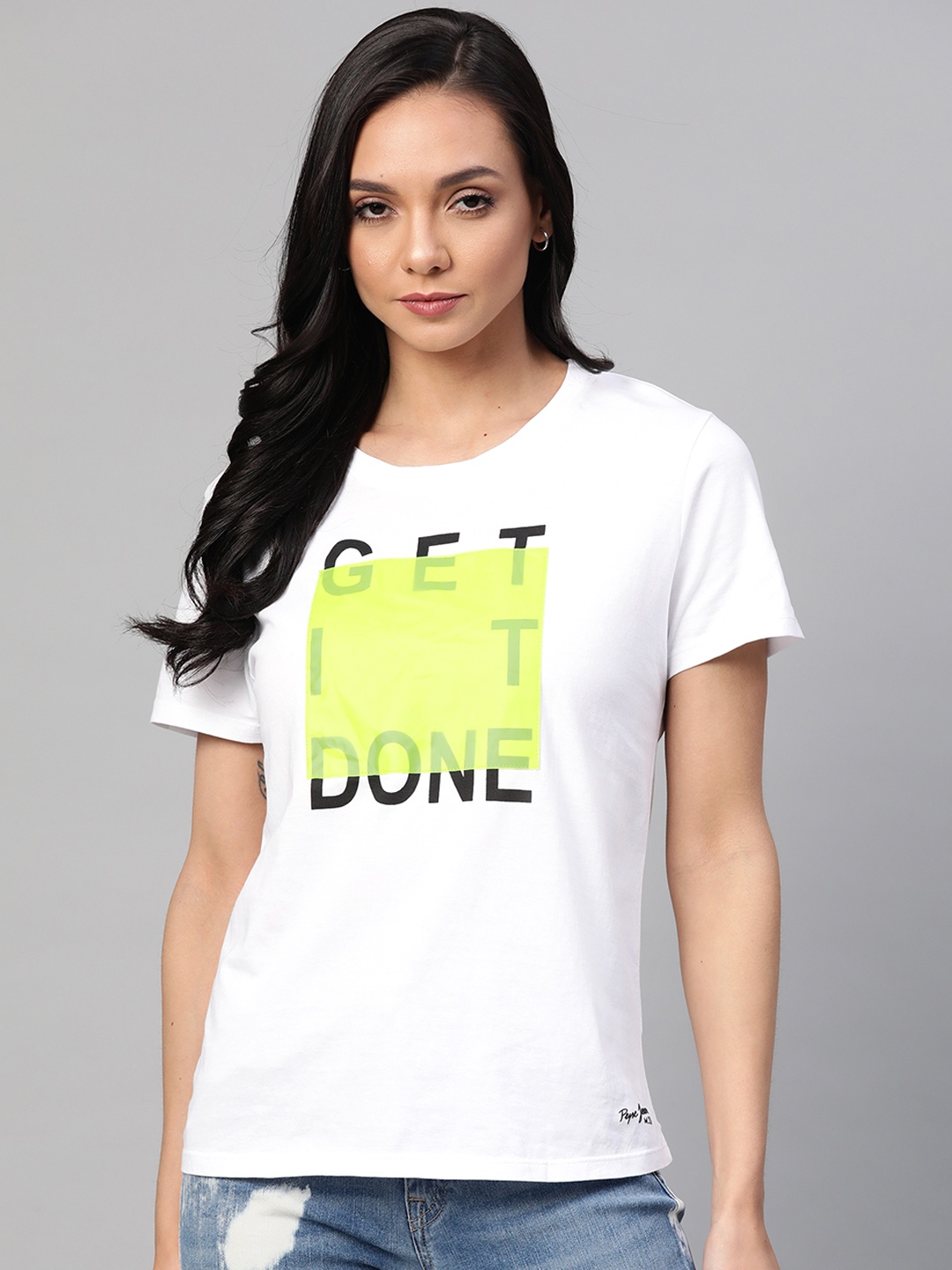 

Pepe Jeans Women White Printed Pure Cotton Round Neck T-shirt