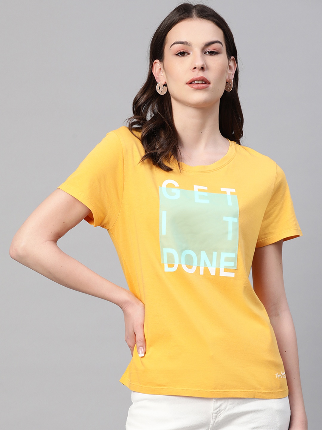 

Pepe Jeans Women Yellow Printed Pure Cotton Round Neck T-shirt