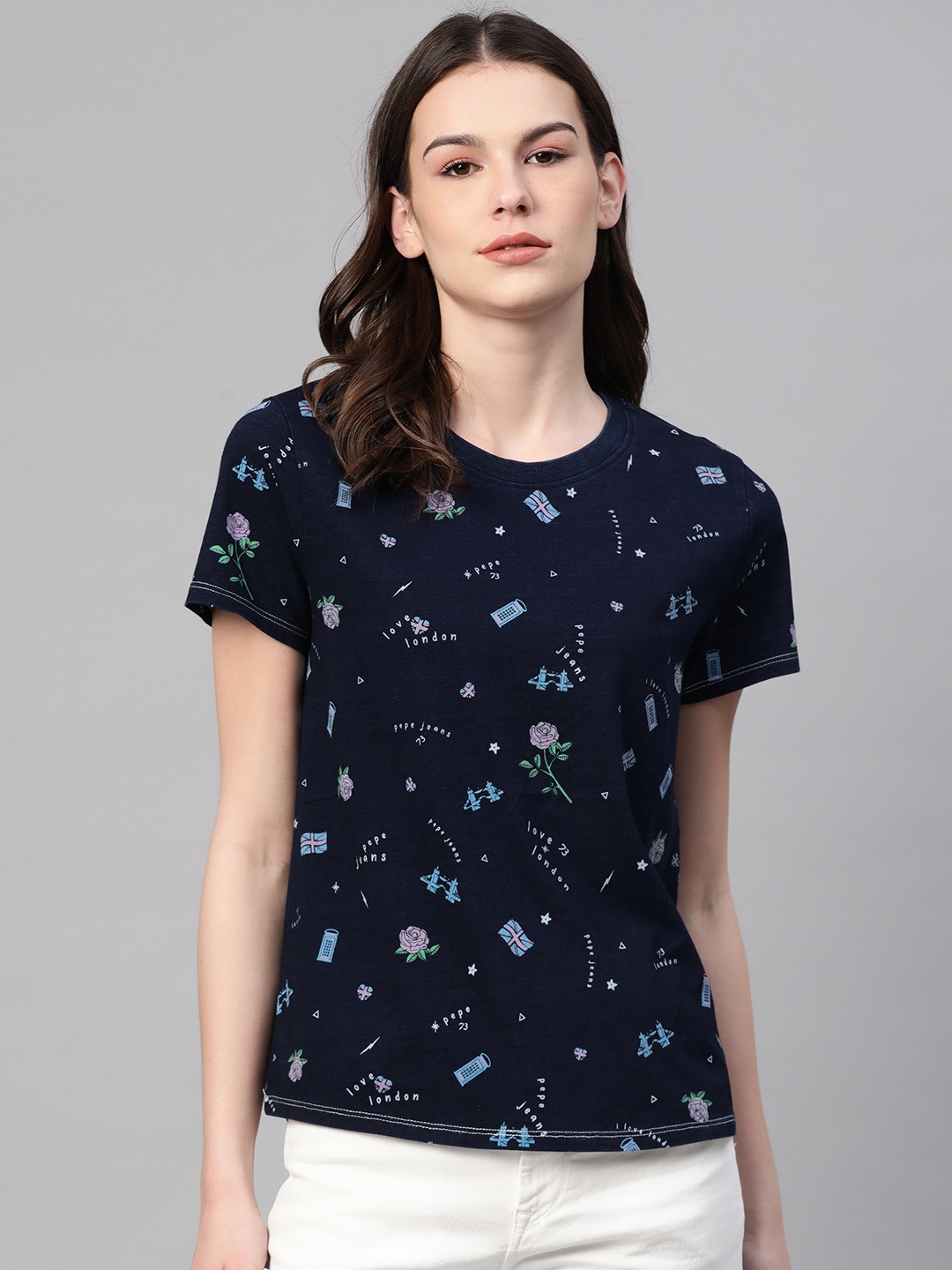 

Pepe Jeans Women Navy Blue Printed Pure Cotton Round Neck T-shirt