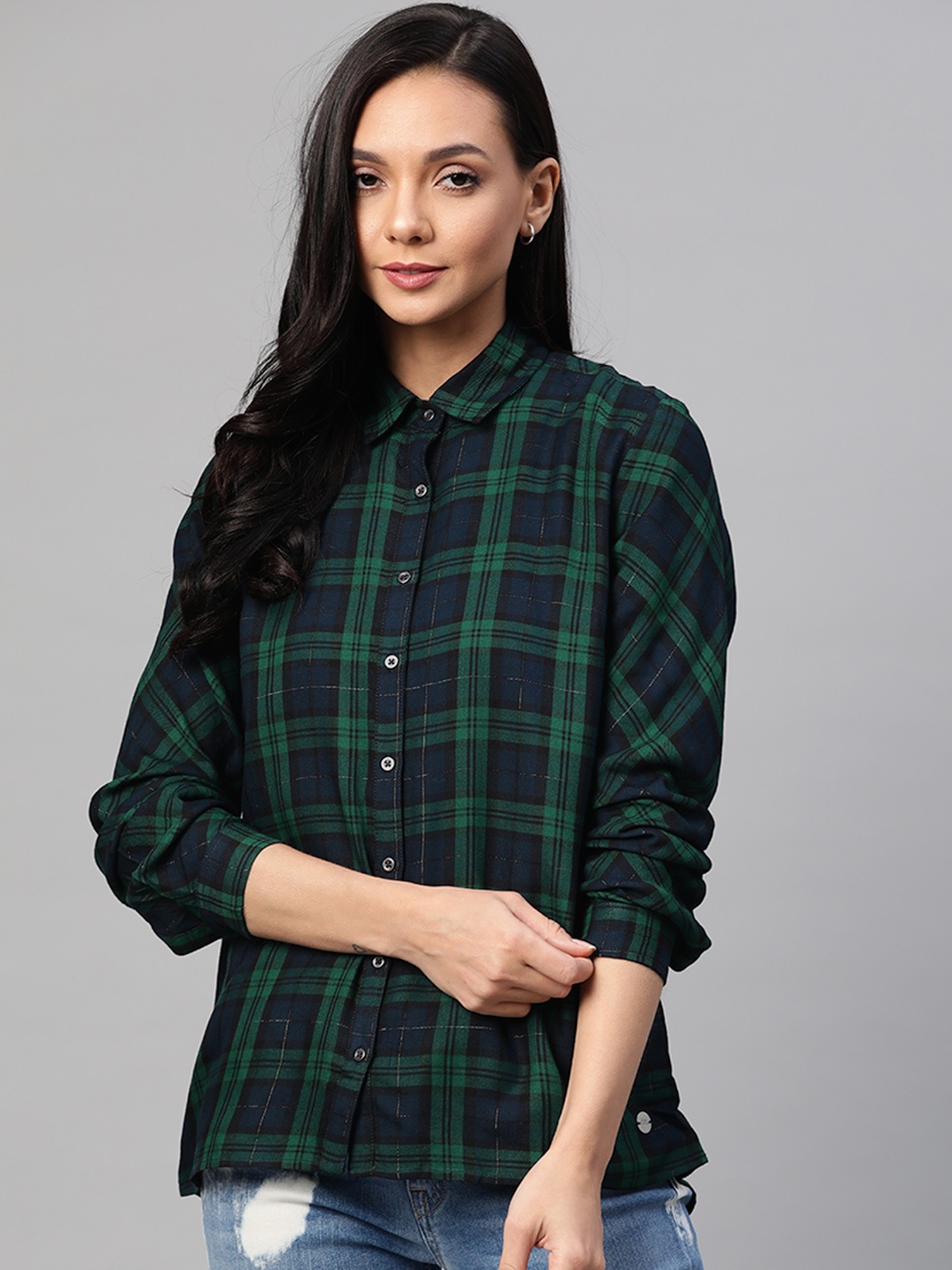 

Pepe Jeans Women Green & Navy Blue Regular Fit Checked Casual Shirt