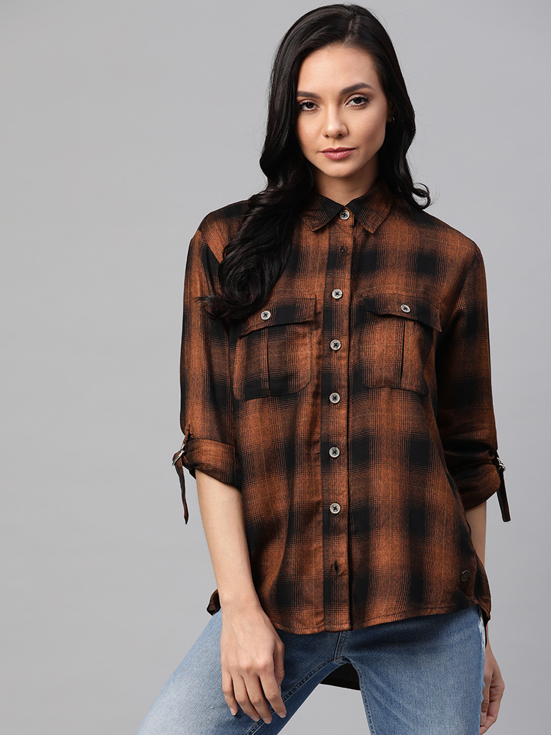 

Pepe Jeans Women Rust & Black Regular Fit Checked Casual Shirt