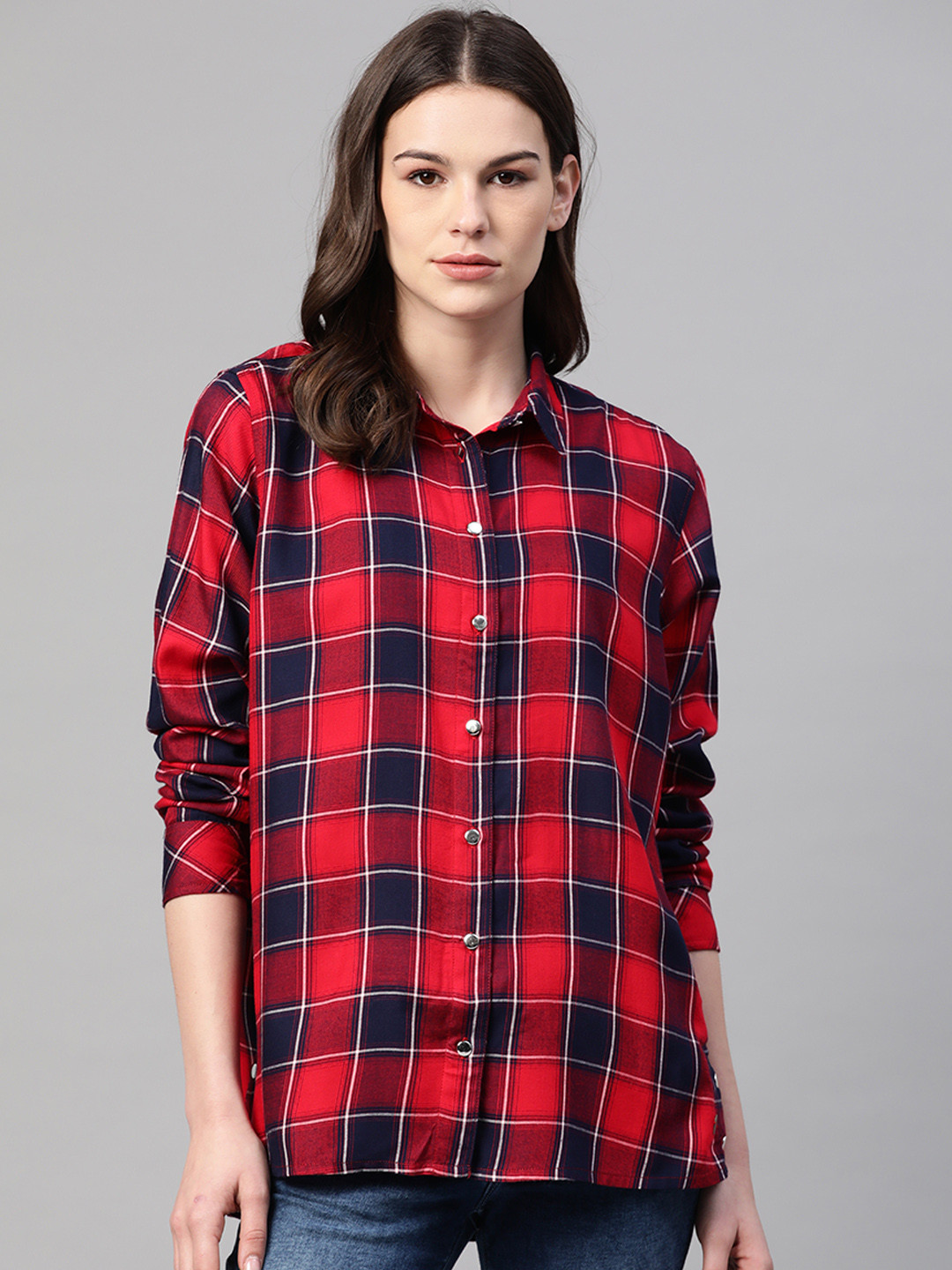 

Pepe Jeans Women Red & Navy Blue Regular Fit Checked Casual Shirt