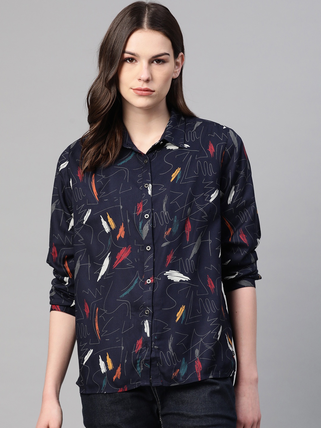 

Pepe Jeans Women Navy Blue & White Regular Fit Abstract Printed Casual Shirt
