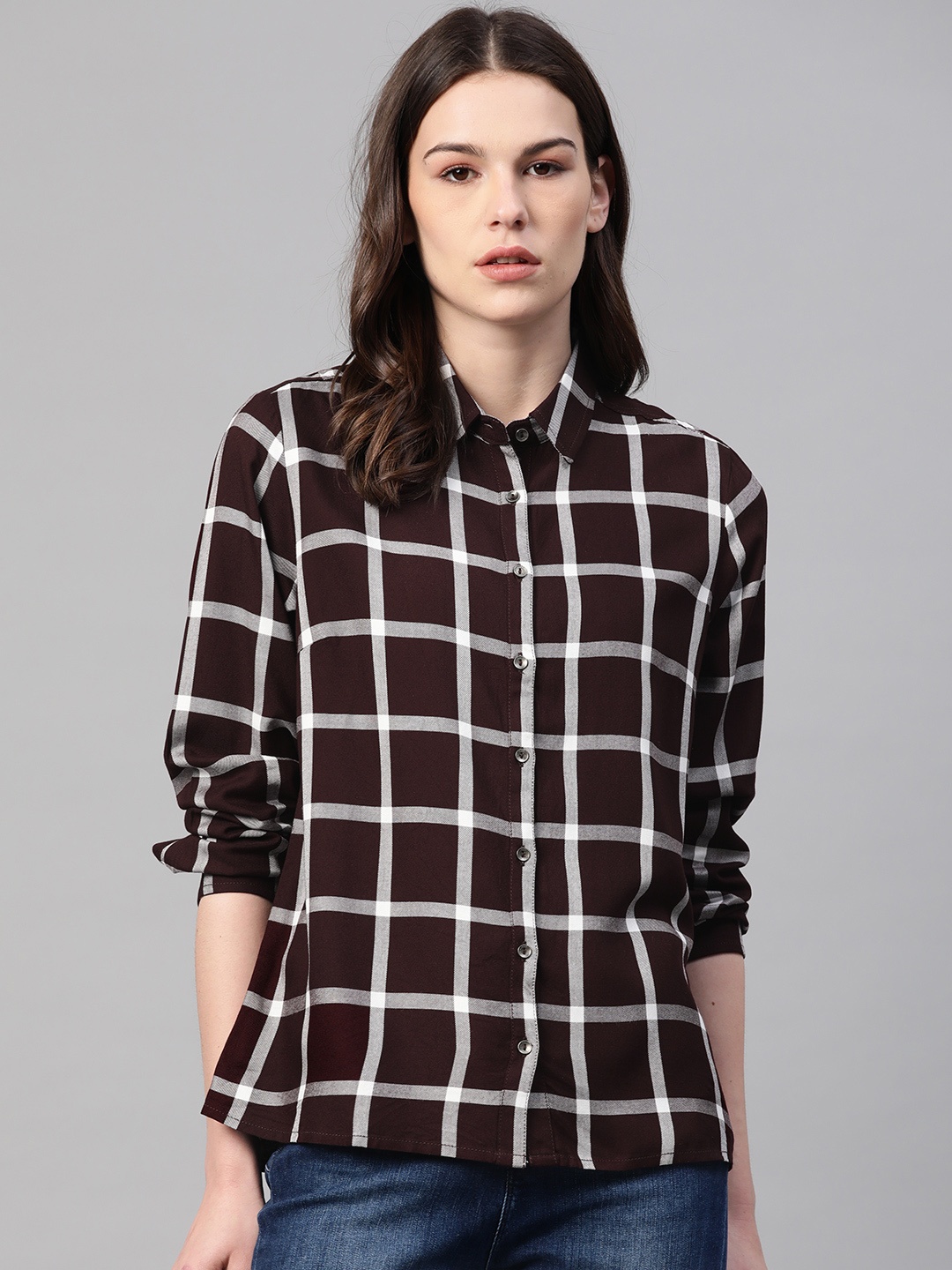 

Pepe Jeans Women Burgundy & White Regular Fit Checked Casual Shirt