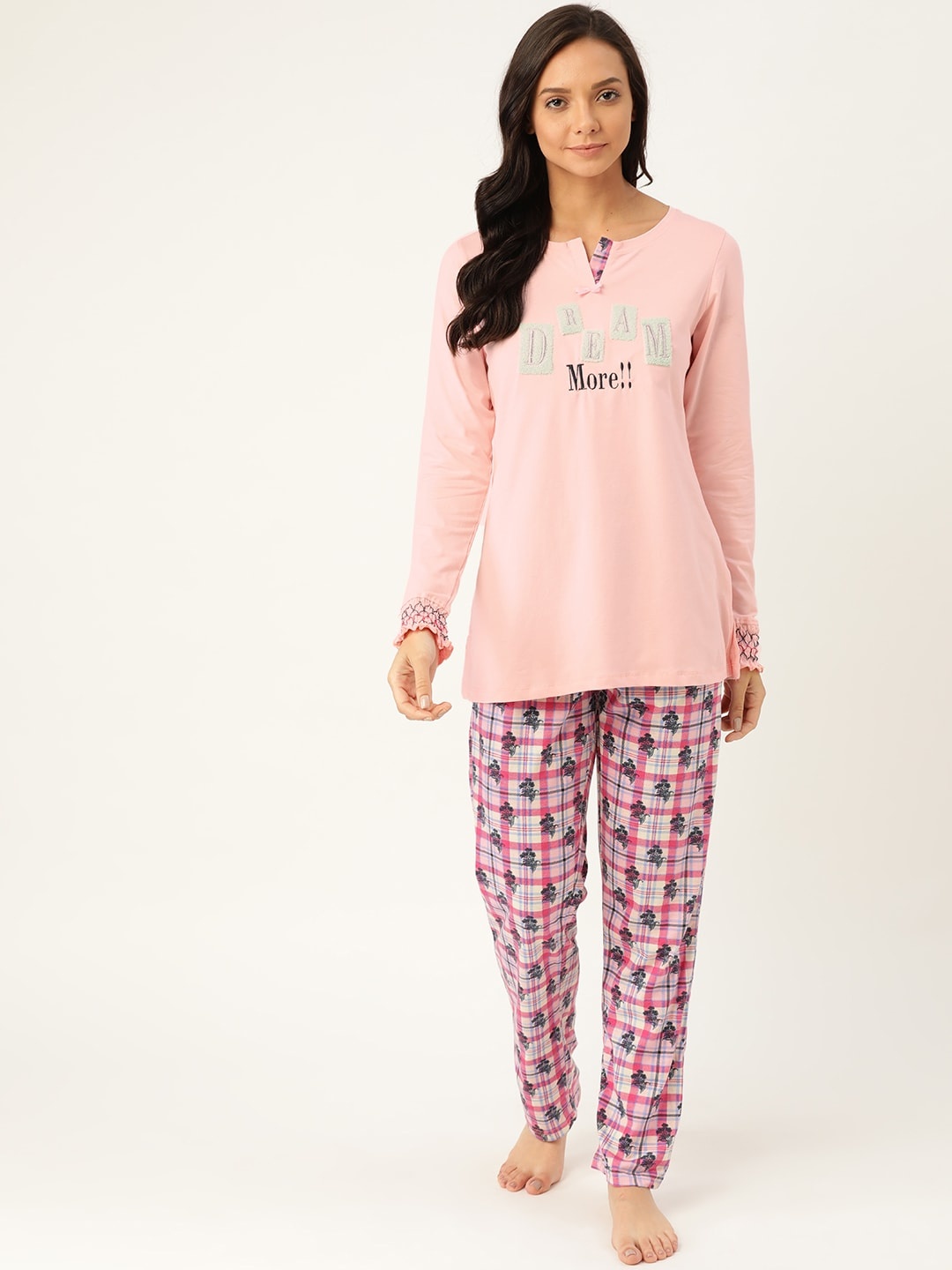 

Sweet Dreams Women Pink & Off-White Embroidered Nightsuit