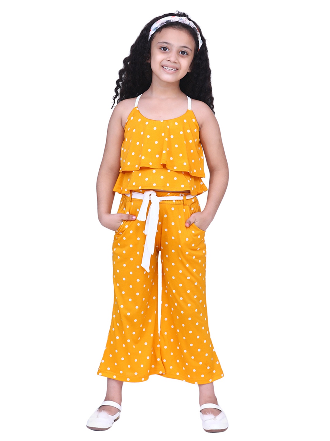 

ADIVA Girls Yellow & White Printed Top with Palazzos