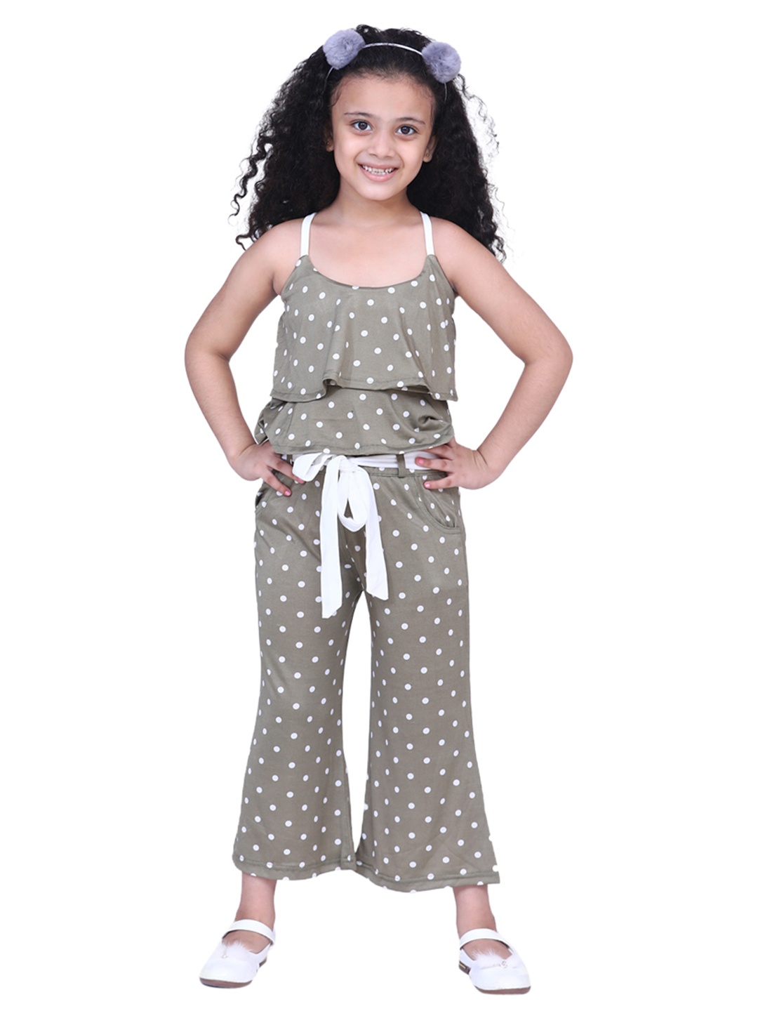 

ADIVA Girls Olive Green & White Printed Top with Palazzos