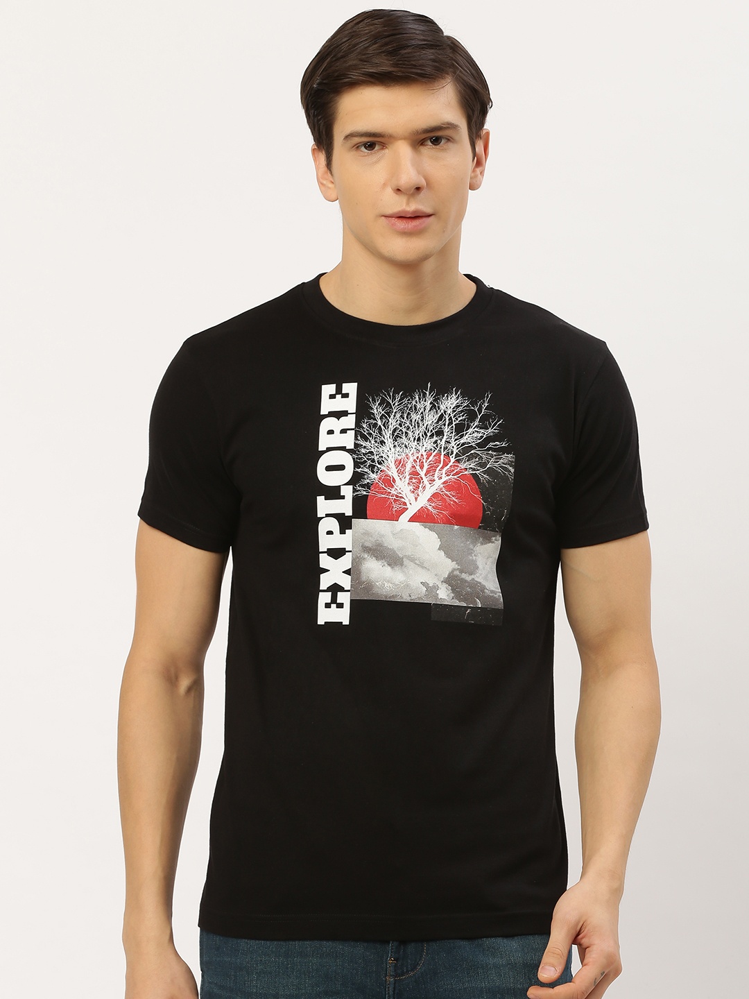 

THE CHAMBAL Men Black White Printed Round Neck Pure Cotton T-shirt