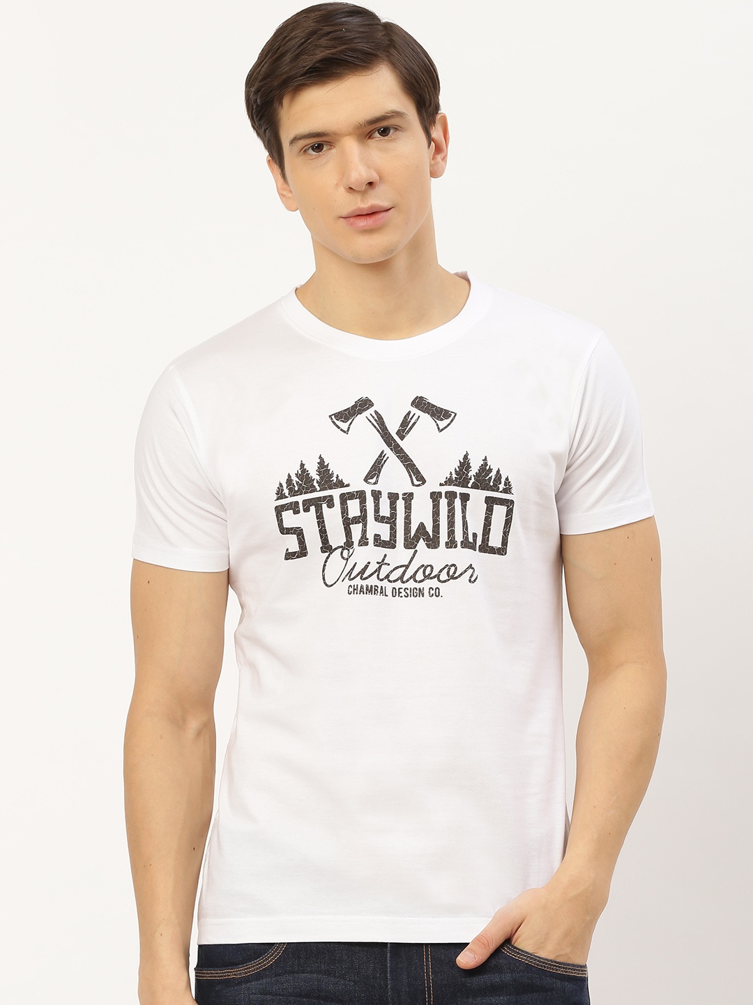 

THE CHAMBAL Men White Black Printed Round Neck Pure Cotton T-shirt
