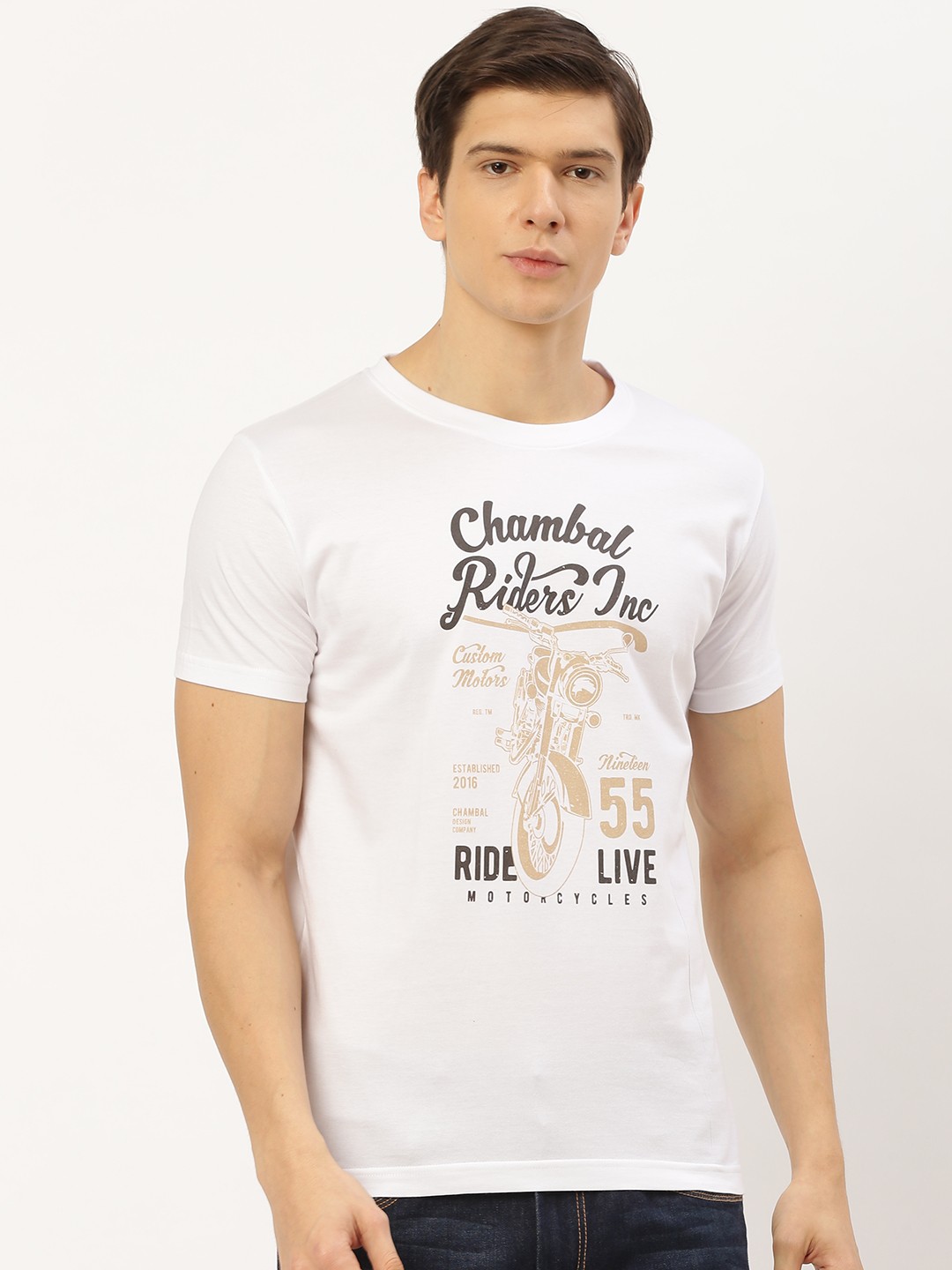 

THE CHAMBAL Men White Beige Biker Printed Round Neck Pure Cotton T-shirt